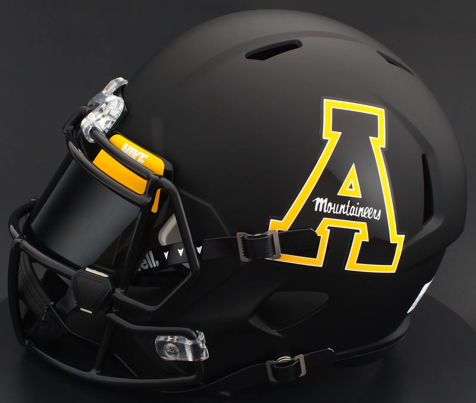 Appalachian State Mountaineers Riddell Replica Speed Football Helmet – Black Block A, Yellow Mask, Nike Black Visor, Yellow Brow Tabs, and Black Clips