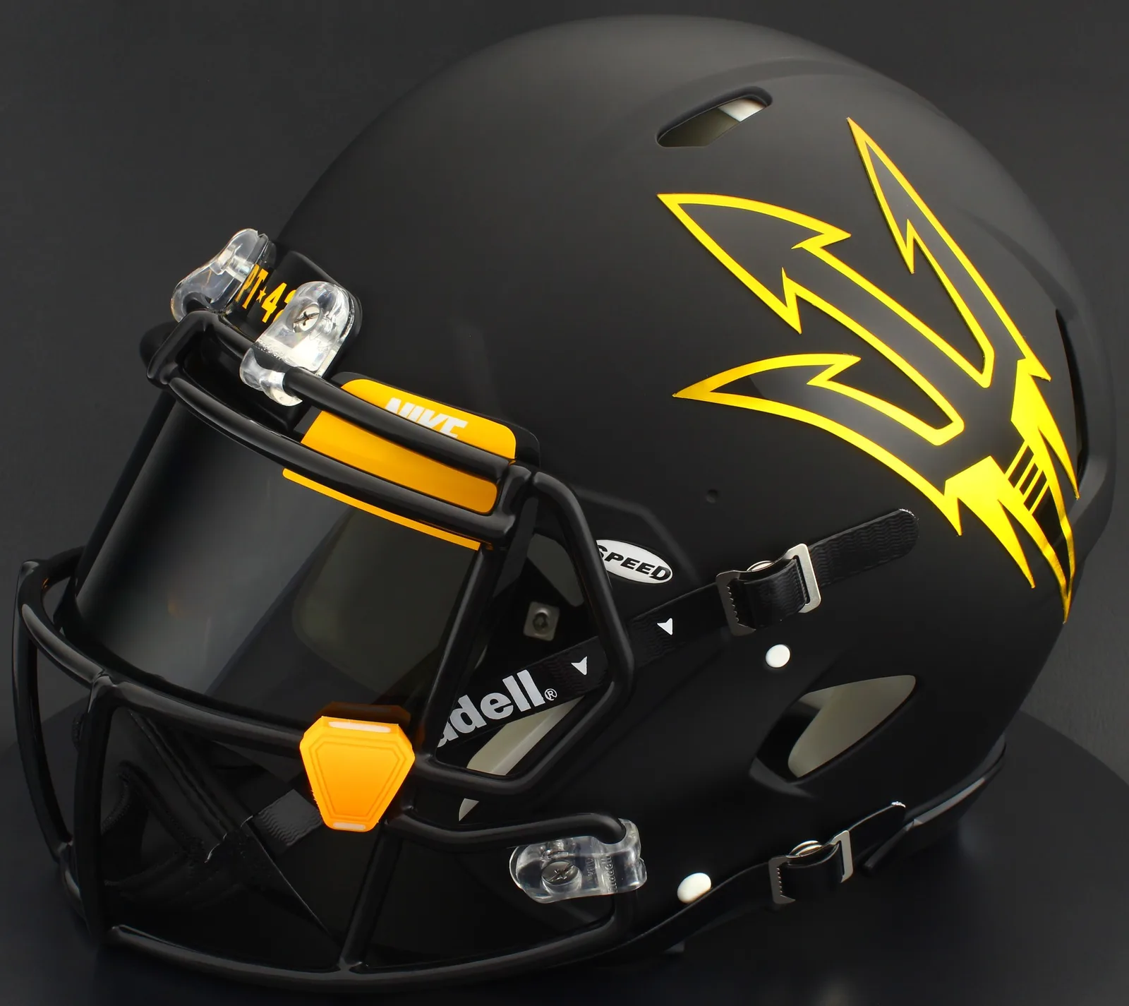 Arizona State Sun Devils Riddell Replica Speed Football Helmet – Satin Black, Black Factory Mask, Nike Black Visor, Yellow Brow Tabs, and Yellow Clips