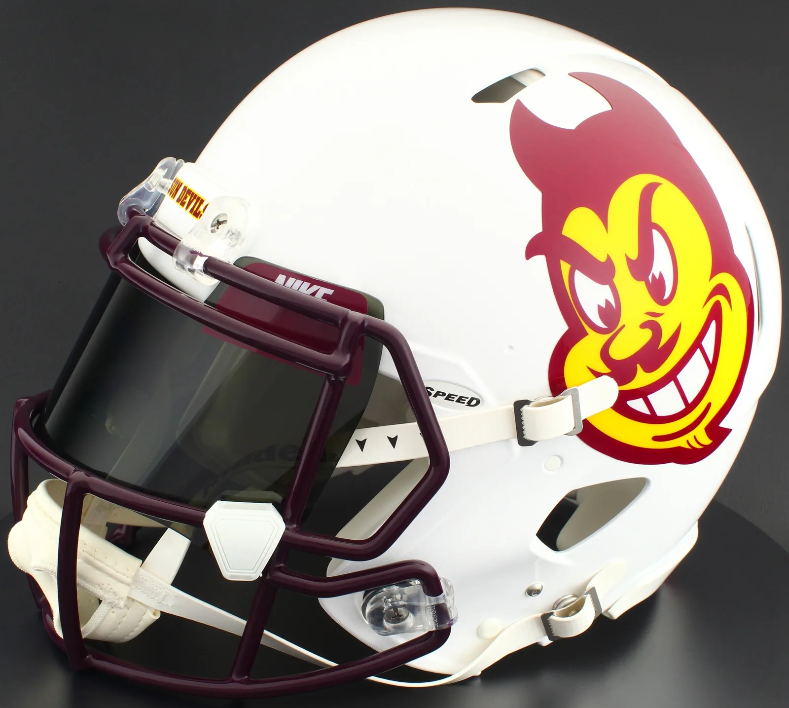 Arizona State Sun Devils Riddell Replica Speed Football Helmet – Sparky 2023, Maroon Factory Mask, Nike Black Visor, Maroon Brow Tabs, and White Clips