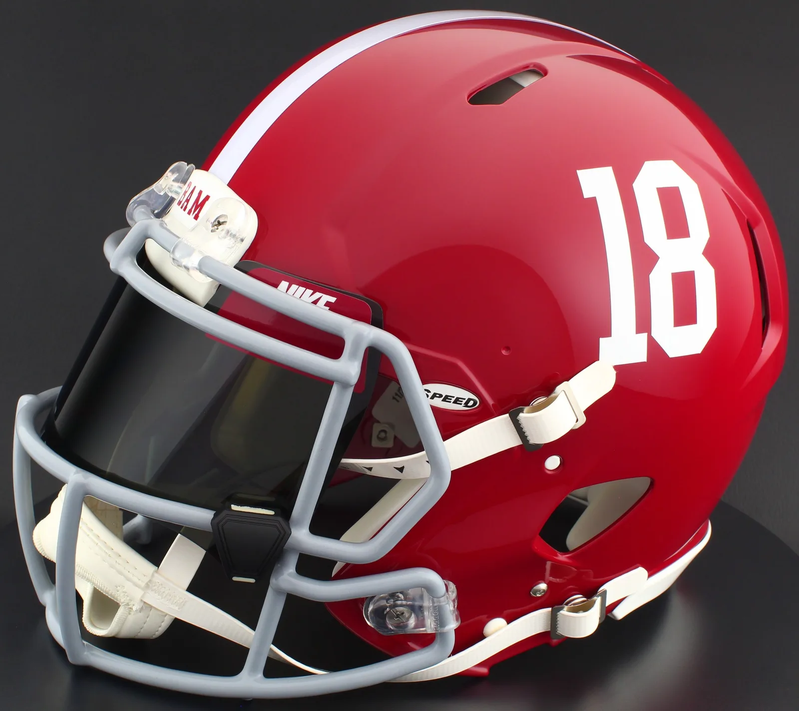Alabama Crimson Tide Riddell Replica Speed Football Helmet – #18, Light Gray Factory Mask, Nike Black Visor, Cardinal Brow Tabs, and Black Clips