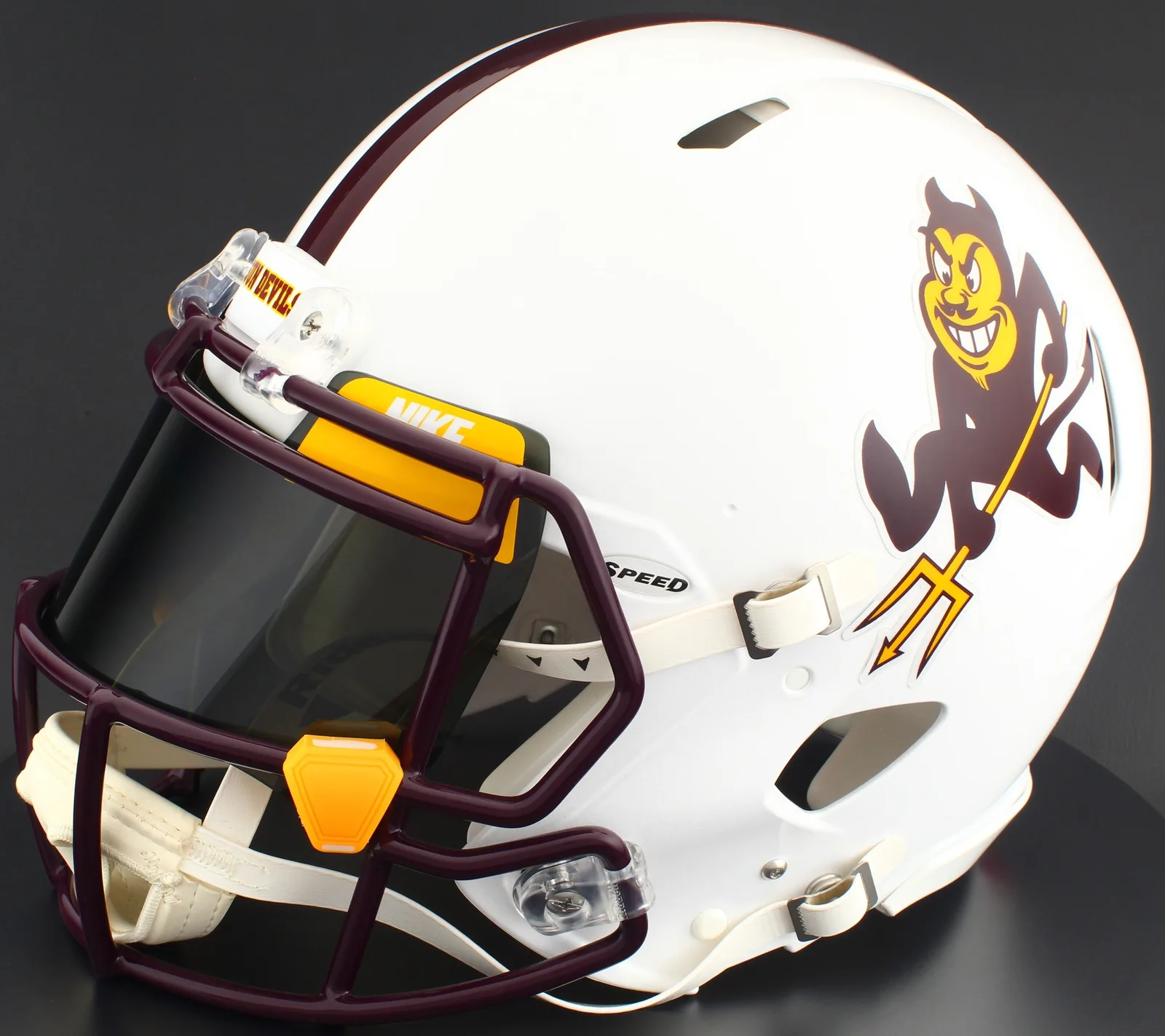 Arizona State Sun Devils Riddell Authentic Speed Football Helmet – White Alternate Sparky 2025, Maroon Factory Mask, Nike Black Visor, Yellow Brow Tabs, and Yellow Clips