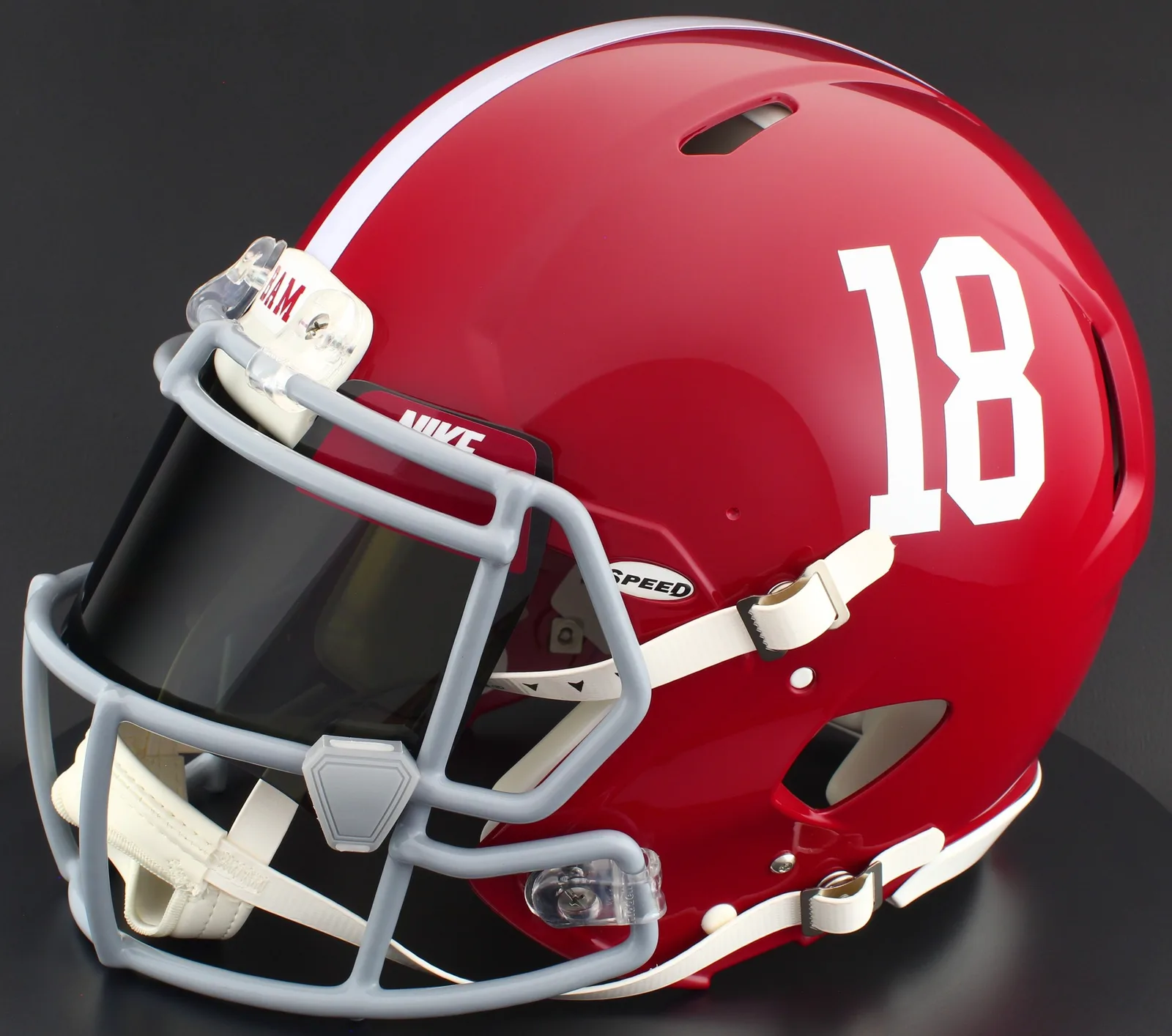 Alabama Crimson Tide Riddell Authentic Speed Football Helmet – #18, Light Gray Factory Mask, Nike Black Visor, Cardinal Brow Tabs, and Gray Clips
