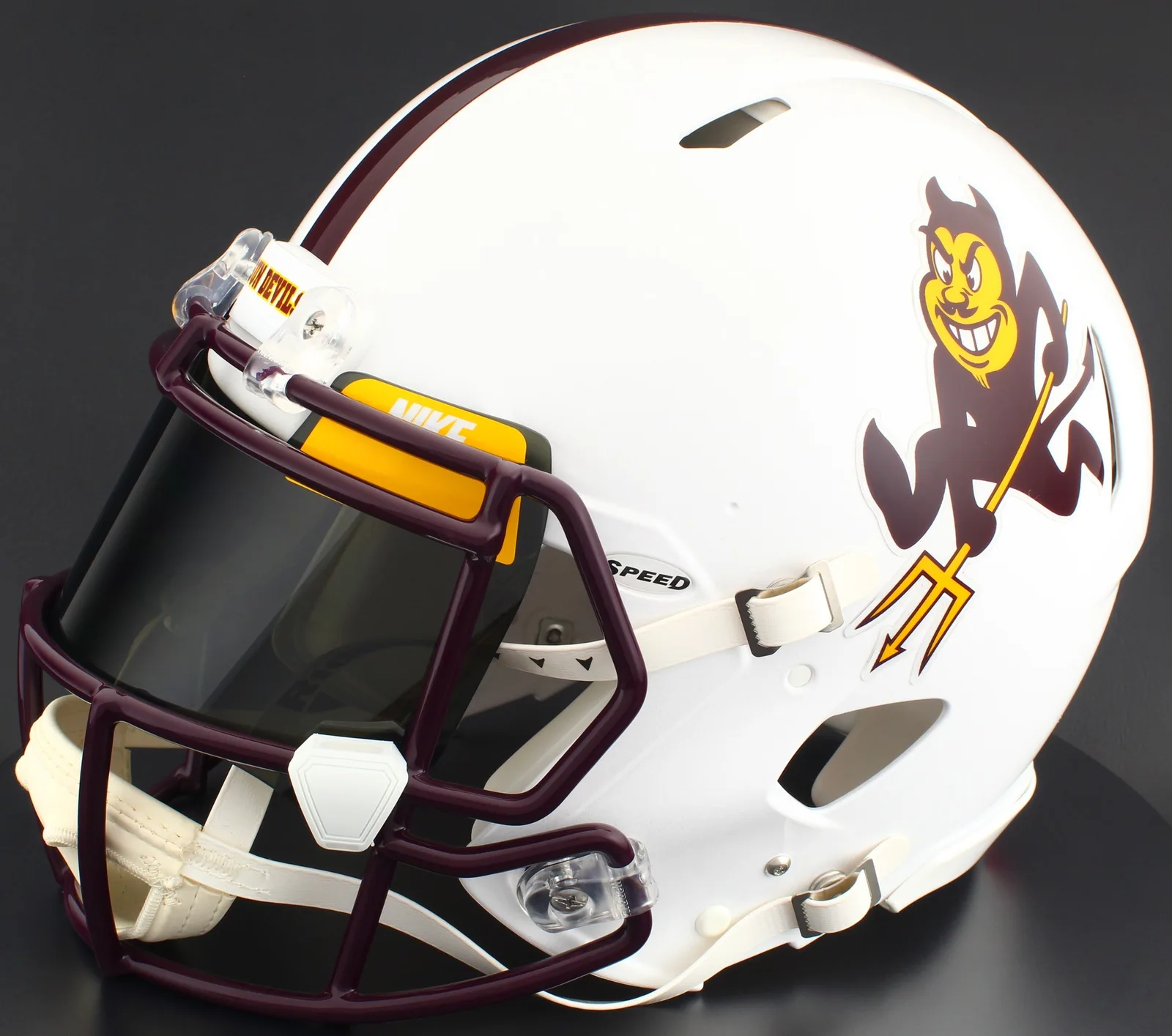 Arizona State Sun Devils Riddell Authentic Speed Football Helmet – White Alternate Sparky 2025, Maroon Factory Mask, Nike Black Visor, Yellow Brow Tabs, and White Clips