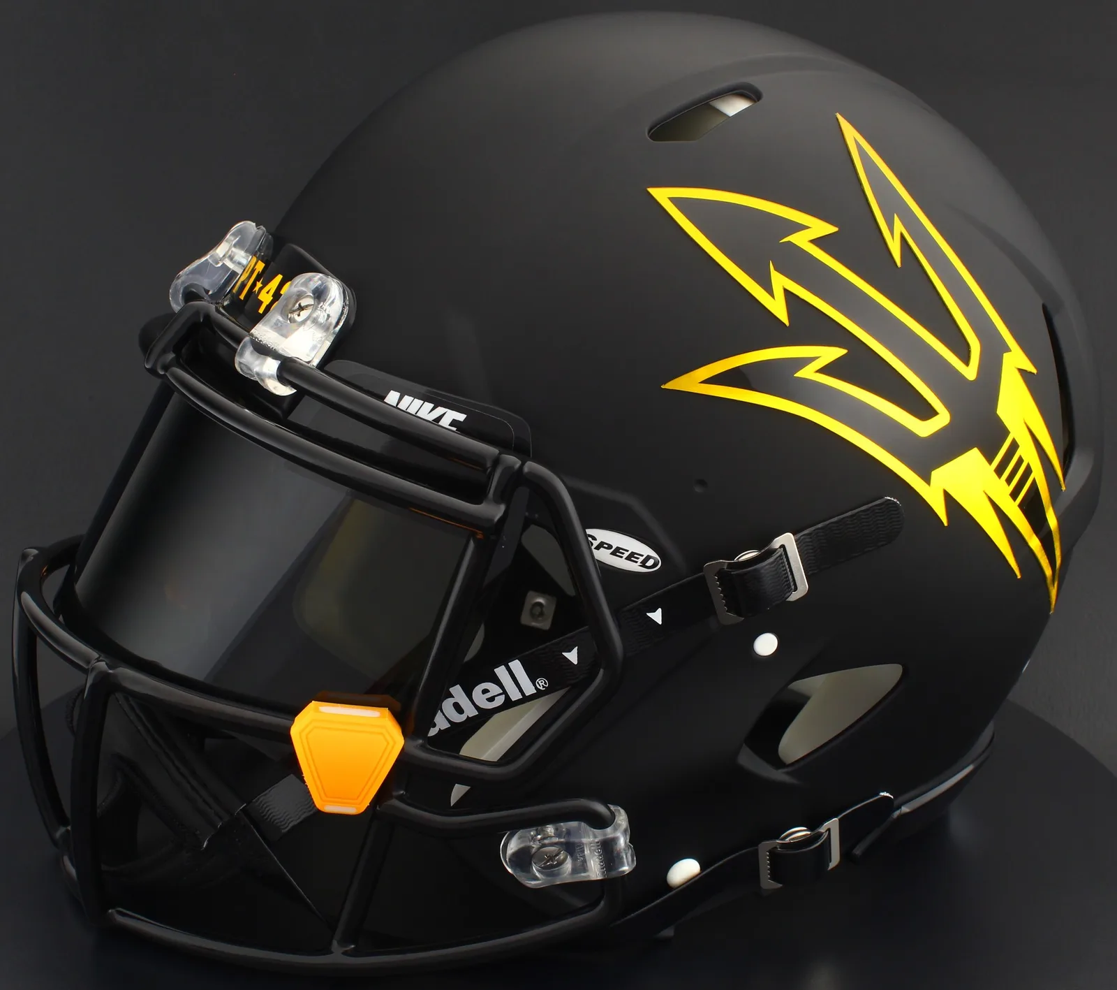 Arizona State Sun Devils Riddell Replica Speed Football Helmet – Satin Black, Black Factory Mask, Nike Black Visor, Black Brow Tabs, and Yellow Clips