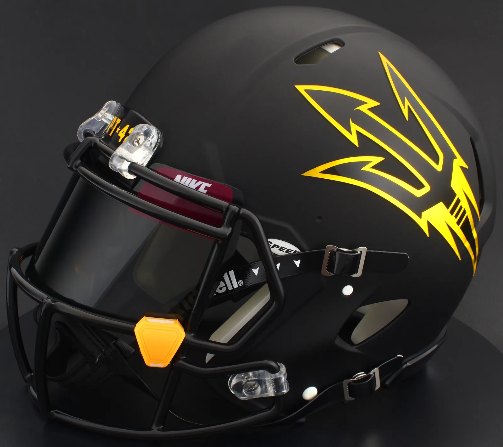 Arizona State Sun Devils Riddell Authentic Speed Football Helmet – Satin Black, Black Factory Mask, Nike Black Visor, Maroon Brow Tabs, and Yellow Clips