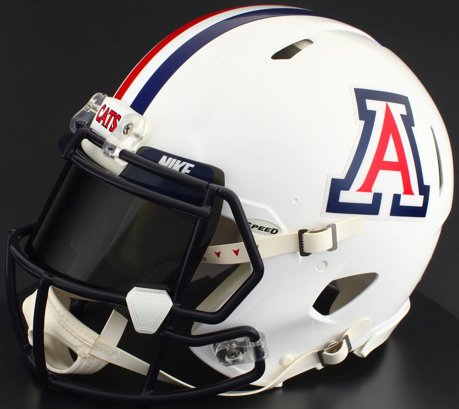 Arizona Wildcats Riddell Authentic Speed Football Helmet – Gloss White, Navy Blue Factory Mask, Nike Black Visor, Navy Blue Brow Tabs, and White Clips