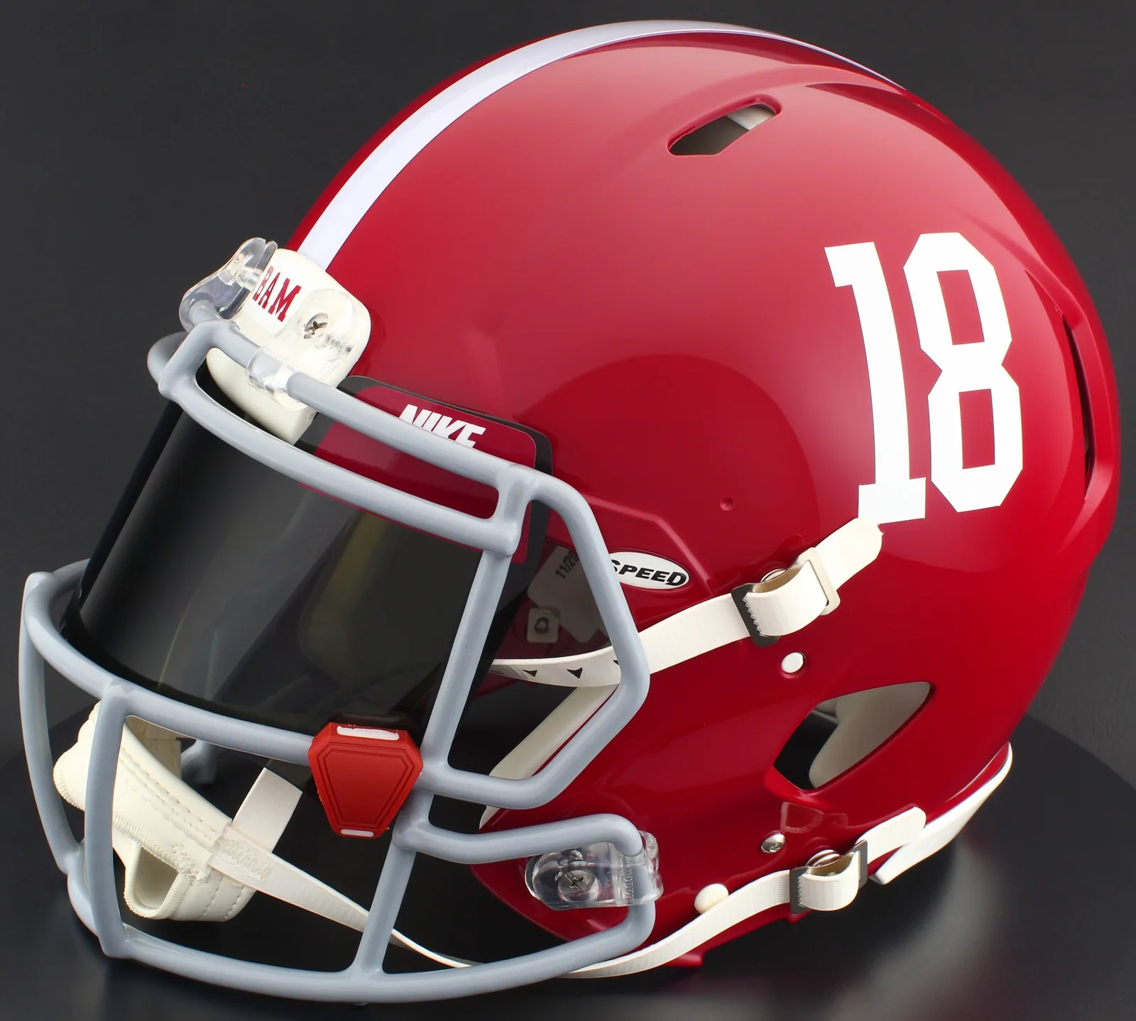 Alabama Crimson Tide Riddell Replica Speed Football Helmet – #18, Light Gray Factory Mask, Nike Black Visor, Cardinal Brow Tabs, and Cardinal Clips