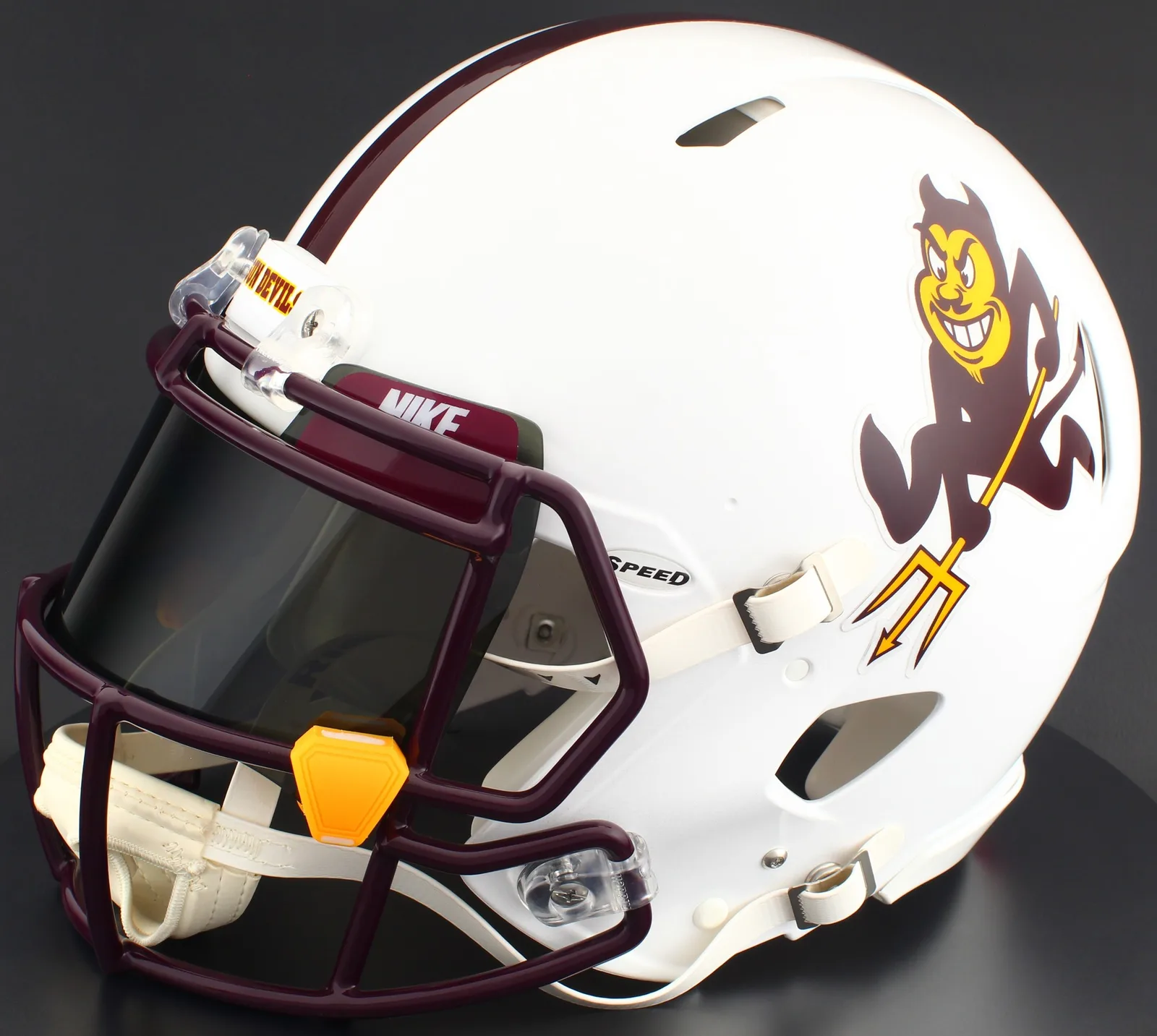 Arizona State Sun Devils Riddell Authentic Speed Football Helmet – White Alternate Sparky 2025, Maroon Factory Mask, Nike Black Visor, Maroon Brow Tabs, and Yellow Clips
