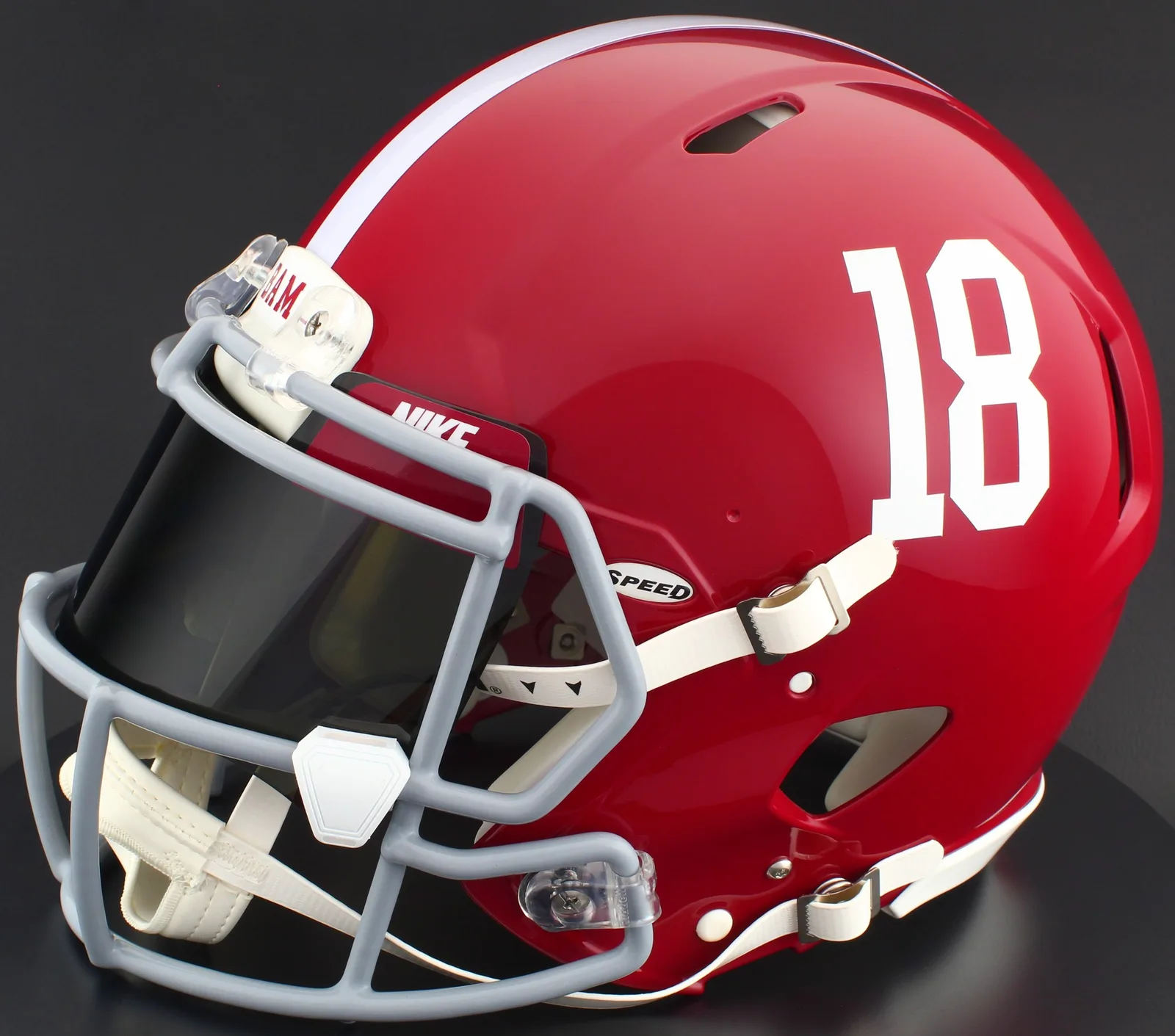 Alabama Crimson Tide Riddell Authentic Speed Football Helmet – #18, Light Gray Factory Mask, Nike Black Visor, Cardinal Brow Tabs, and White Clips