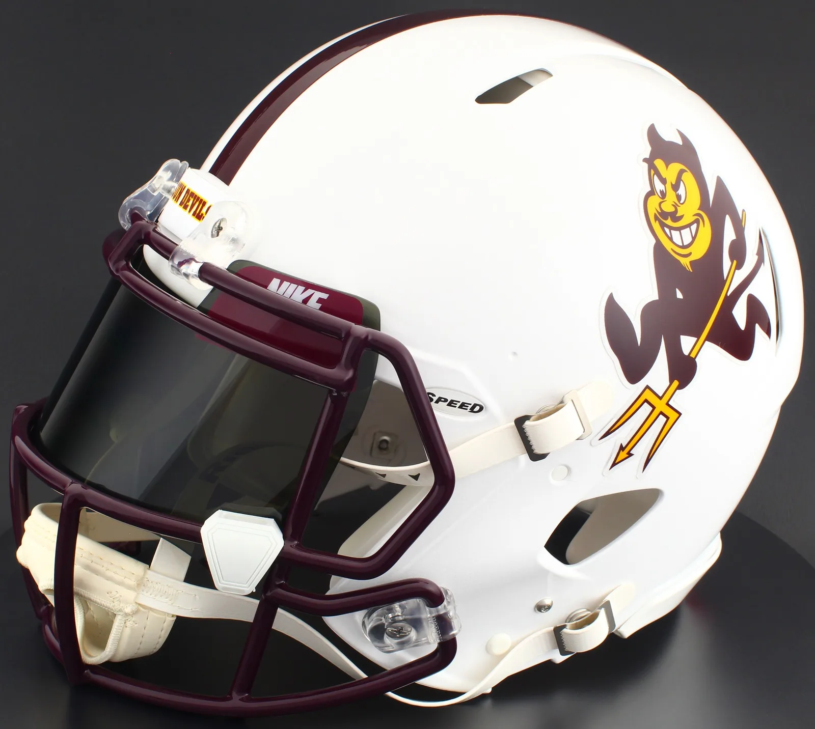 Arizona State Sun Devils Riddell Authentic Speed Football Helmet – White Alternate Sparky 2025, Maroon Factory Mask, Nike Black Visor, Maroon Brow Tabs, and White Clips