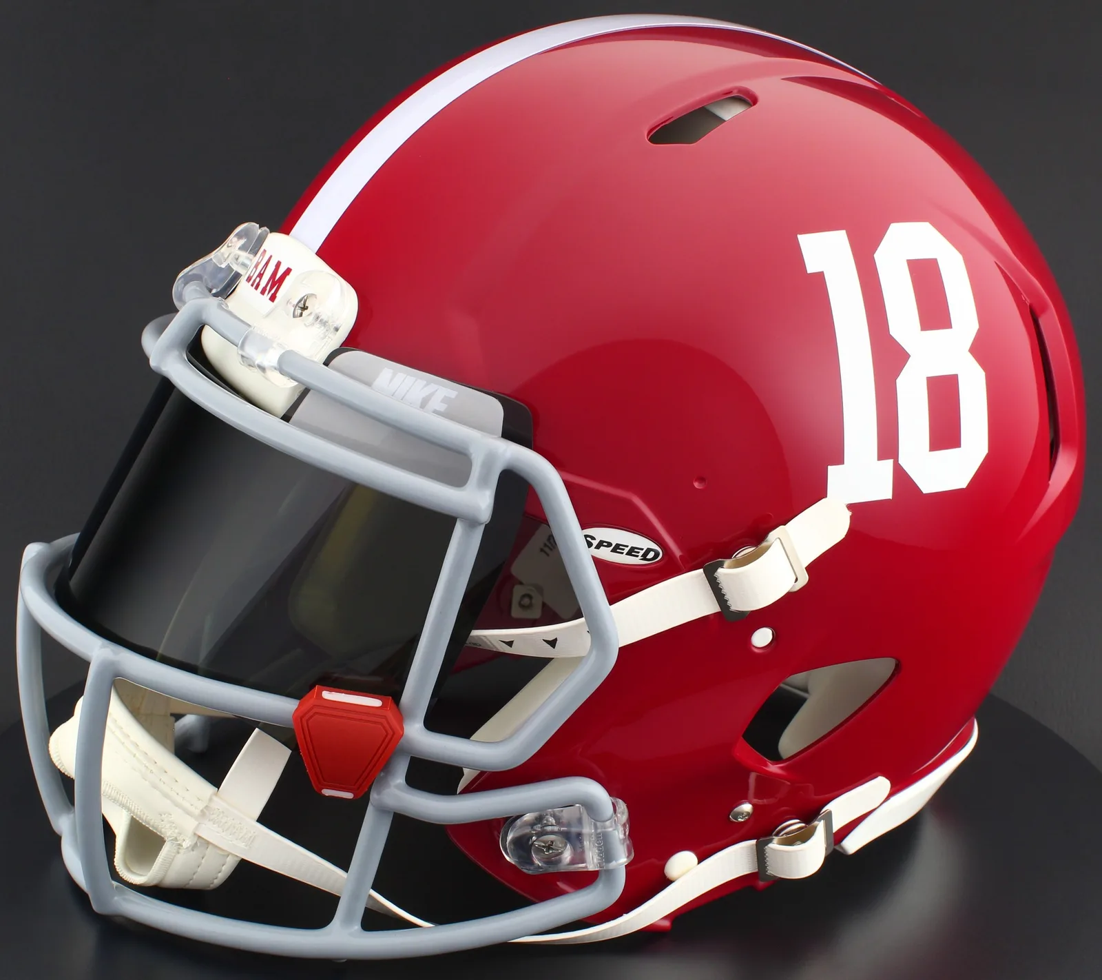 Alabama Crimson Tide Riddell Replica Speed Football Helmet – #18, Light Gray Factory Mask, Nike Black Visor, Silver Brow Tabs, and Cardinal Clips