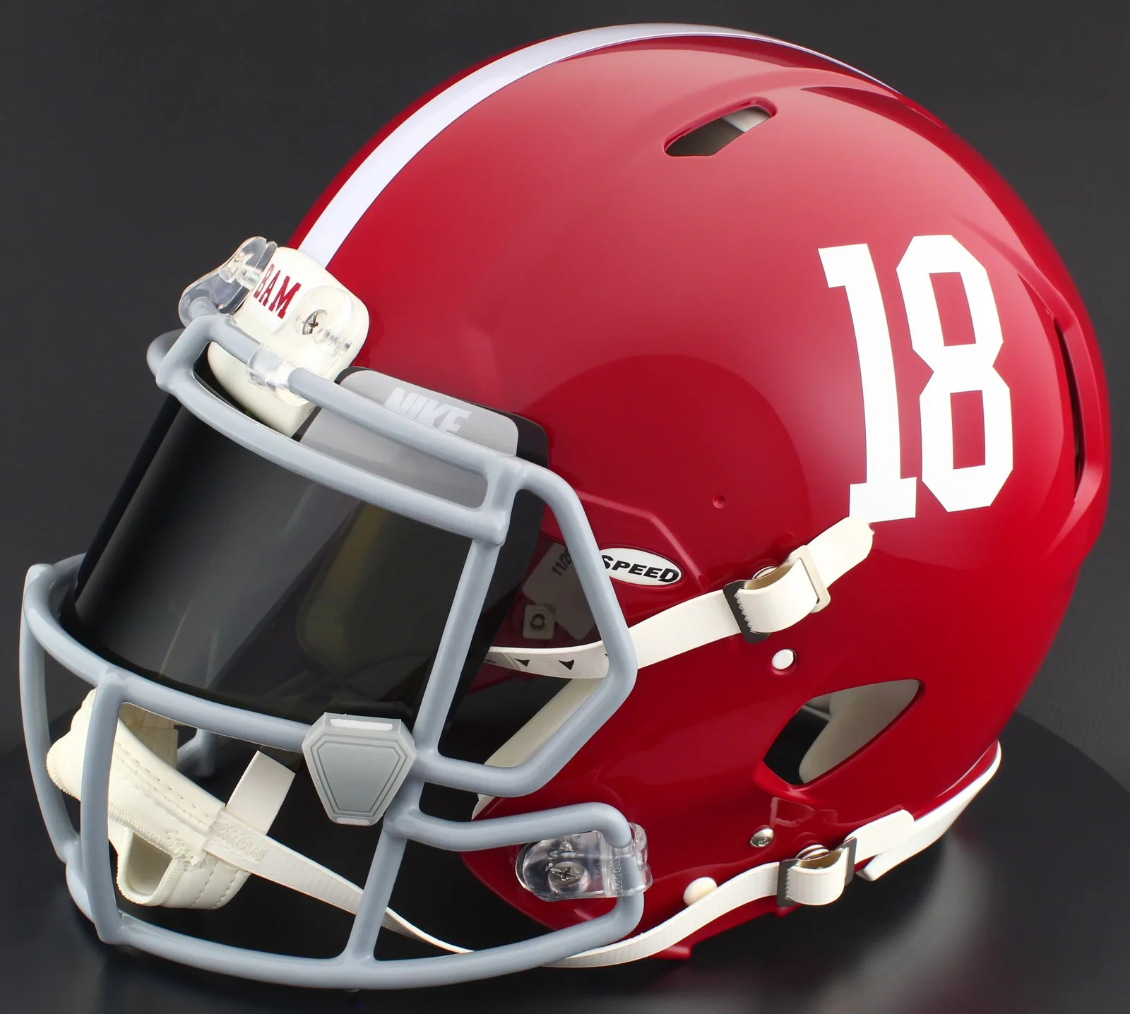 Alabama Crimson Tide Riddell Authentic Speed Football Helmet – #18, Light Gray Factory Mask, Nike Black Visor, Silver Brow Tabs, and Gray Clips