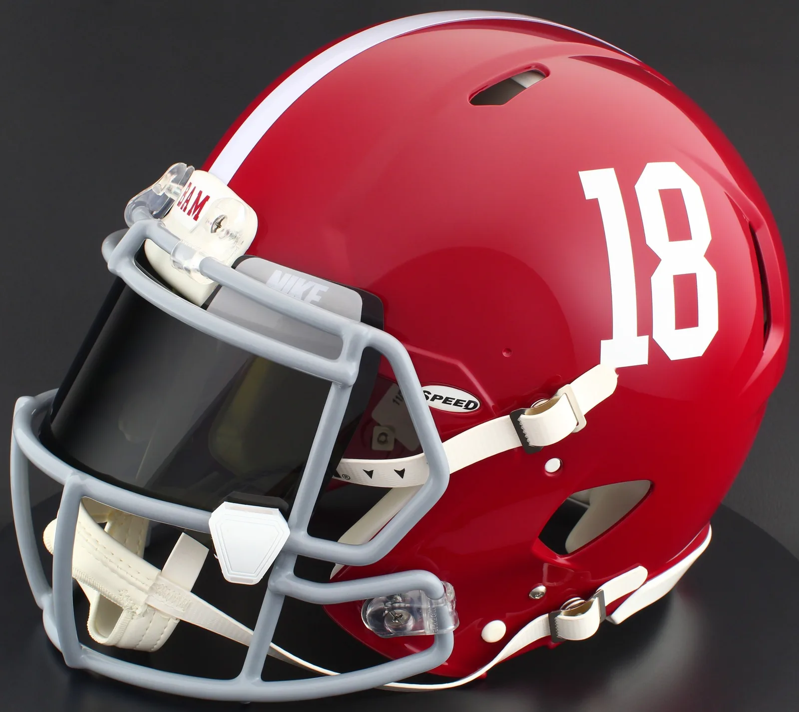 Alabama Crimson Tide Riddell Authentic Speed Football Helmet – #18, Light Gray Factory Mask, Nike Black Visor, Silver Brow Tabs, and White Clips