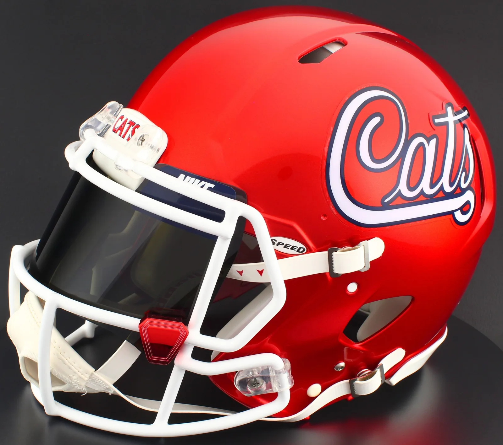 Arizona Wildcats Riddell Replica Speed Football Helmet – Script, White Factory Mask, Nike Black Visor, Navy Blue Brow Tabs, and Red Chrome Clips