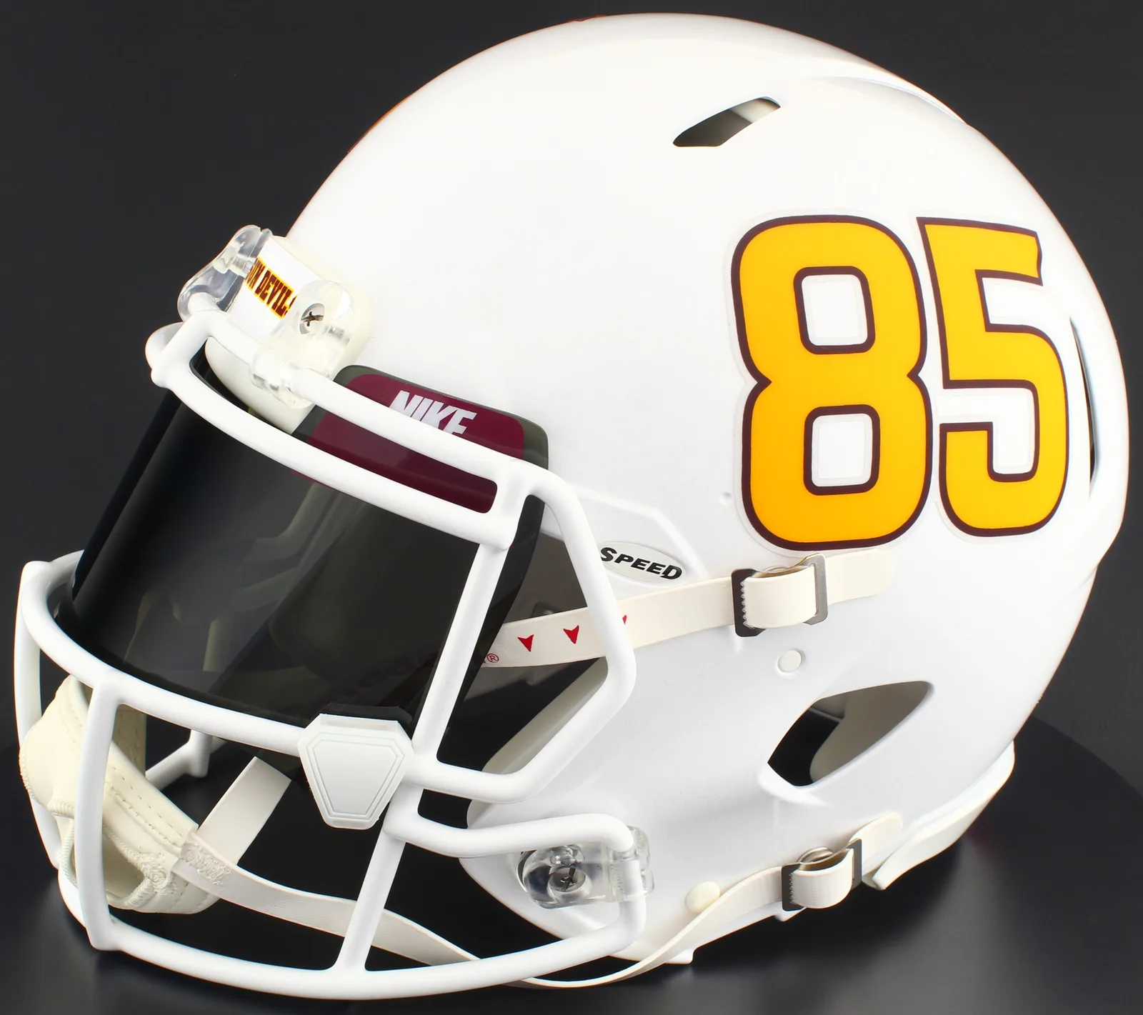 Arizona State Sun Devils Riddell Replica Speed Football Helmet – White Metallic, White Factory Mask, Nike Black Visor, Maroon Brow Tabs, and White Clips