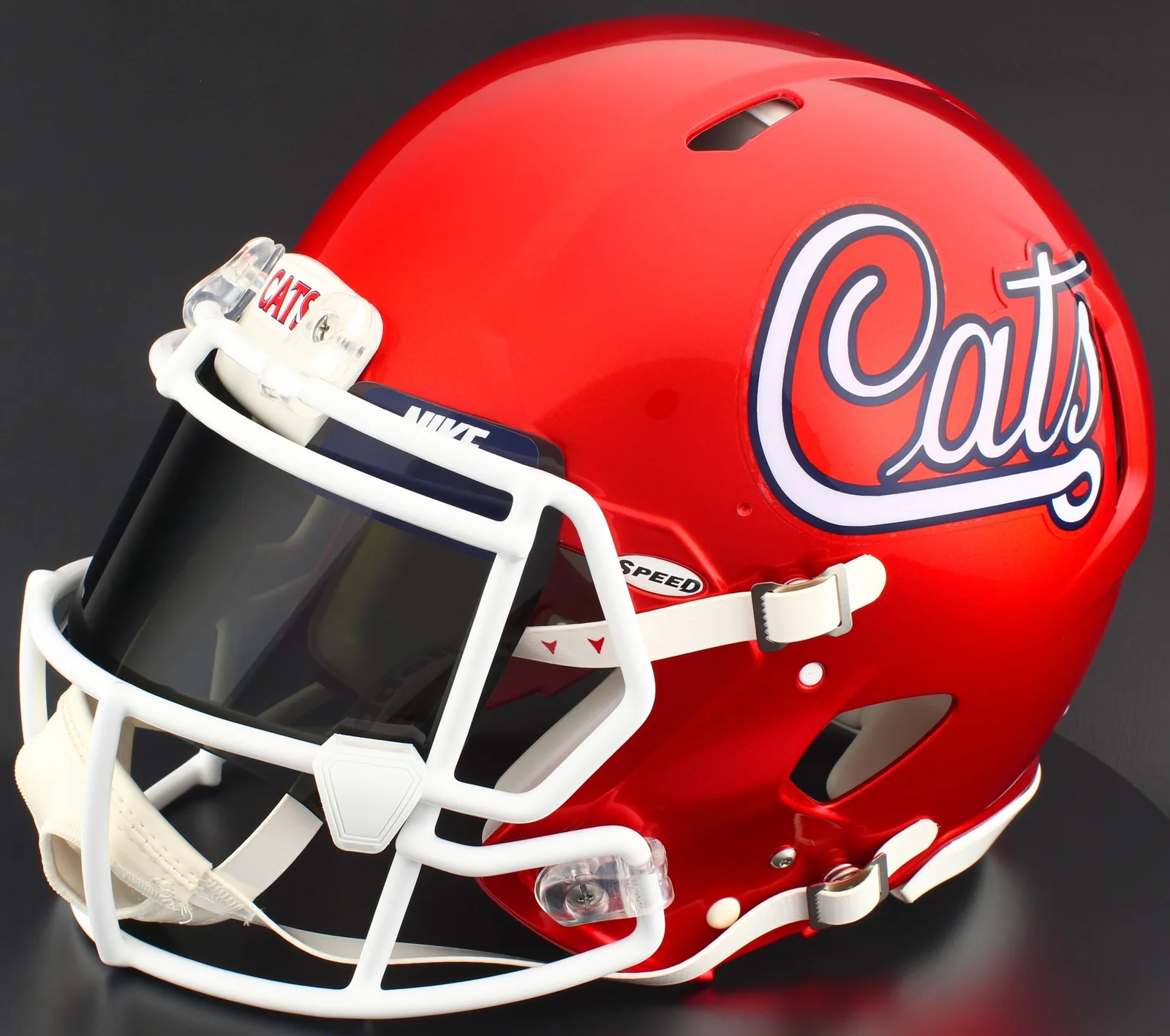 Arizona Wildcats Riddell Authentic Speed Football Helmet – Script, White Factory Mask, Nike Black Visor, Navy Blue Brow Tabs, and White Clips