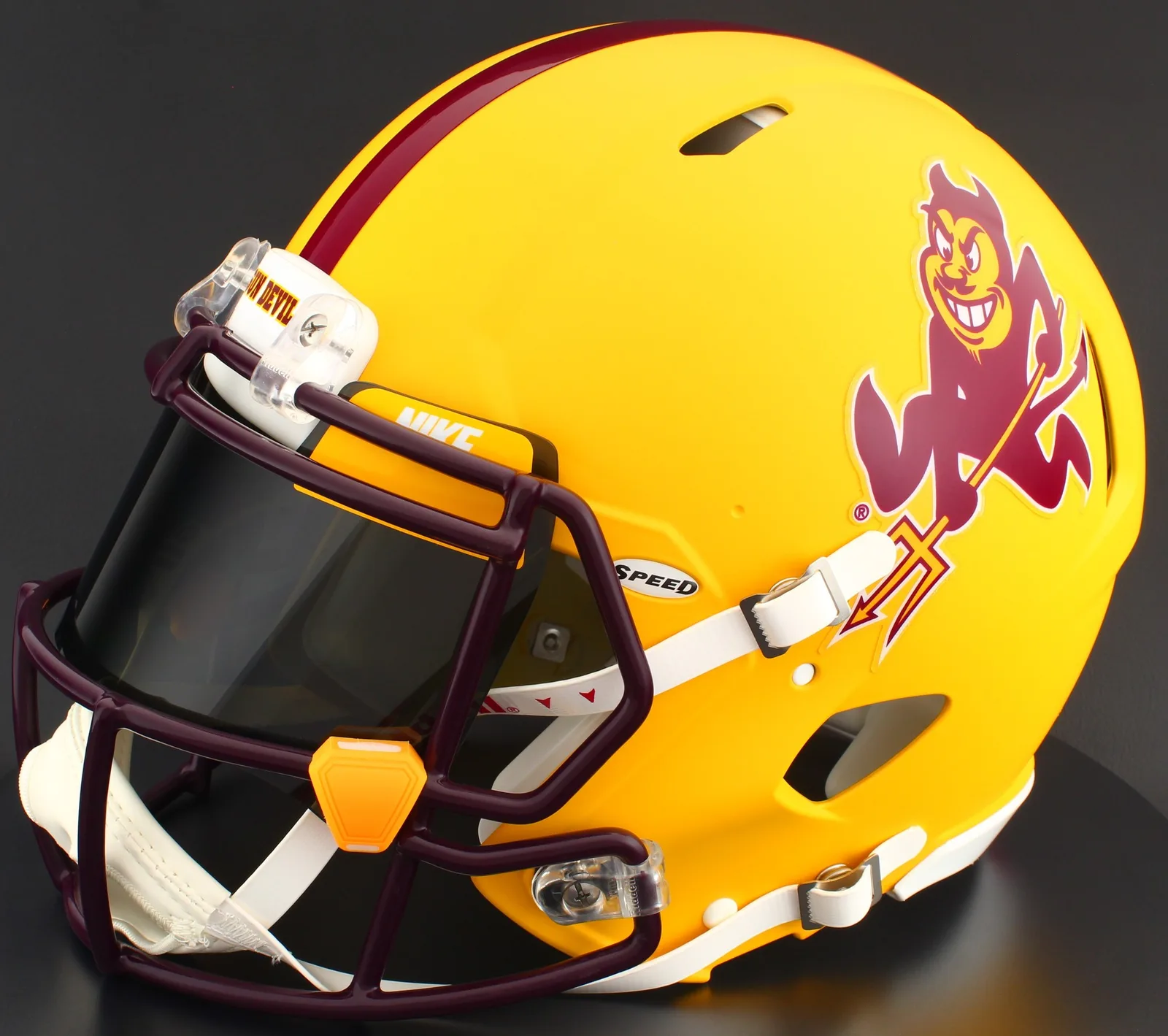 Arizona State Sun Devils Riddell Replica Speed Football Helmet – Satin Yellow Sparky, Maroon Factory Mask, Nike Black Visor, Yellow Brow Tabs, and Yellow Clips