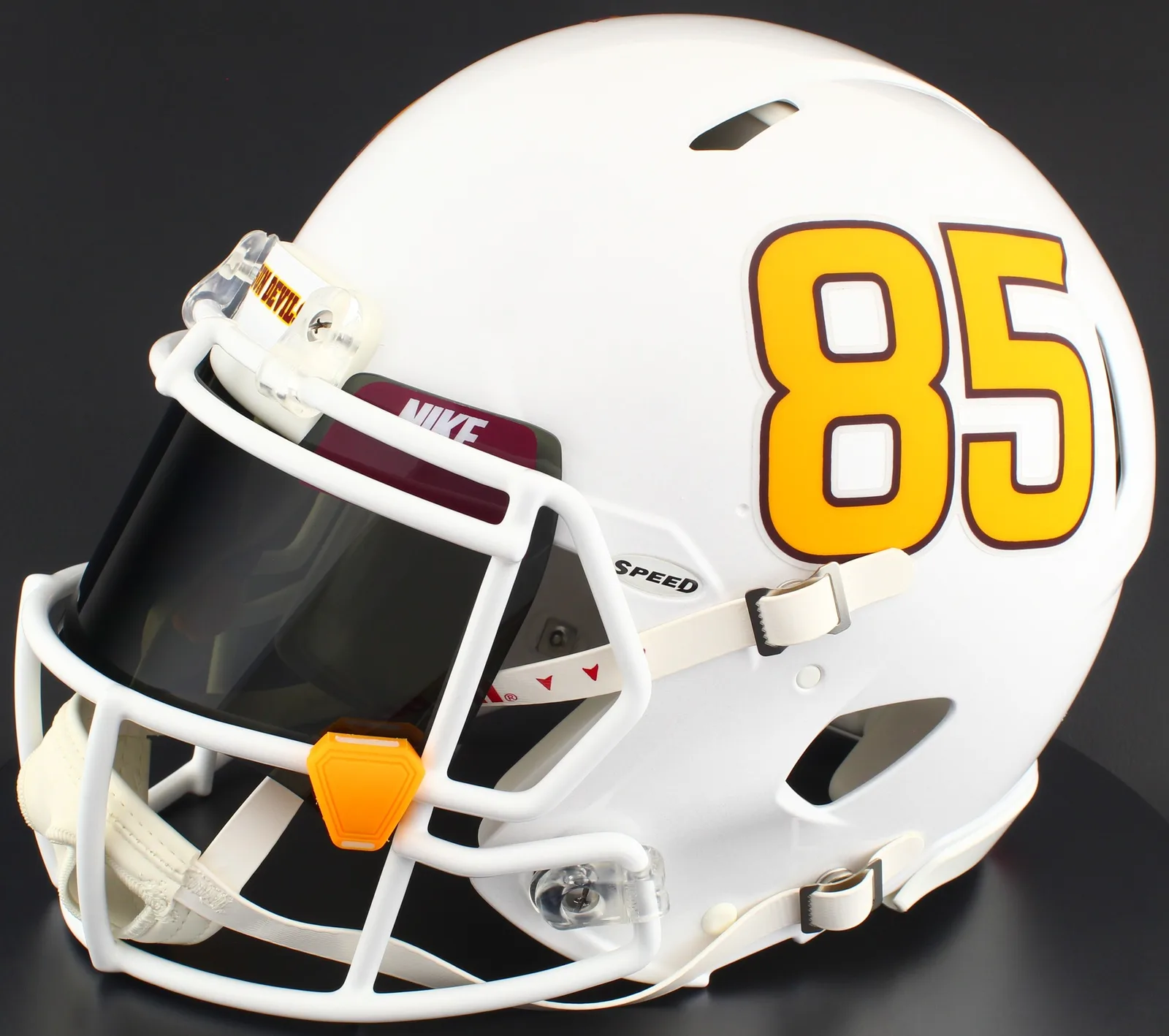 Arizona State Sun Devils Riddell Replica Speed Football Helmet – White Metallic, White Factory Mask, Nike Black Visor, Maroon Brow Tabs, and Yellow Clips