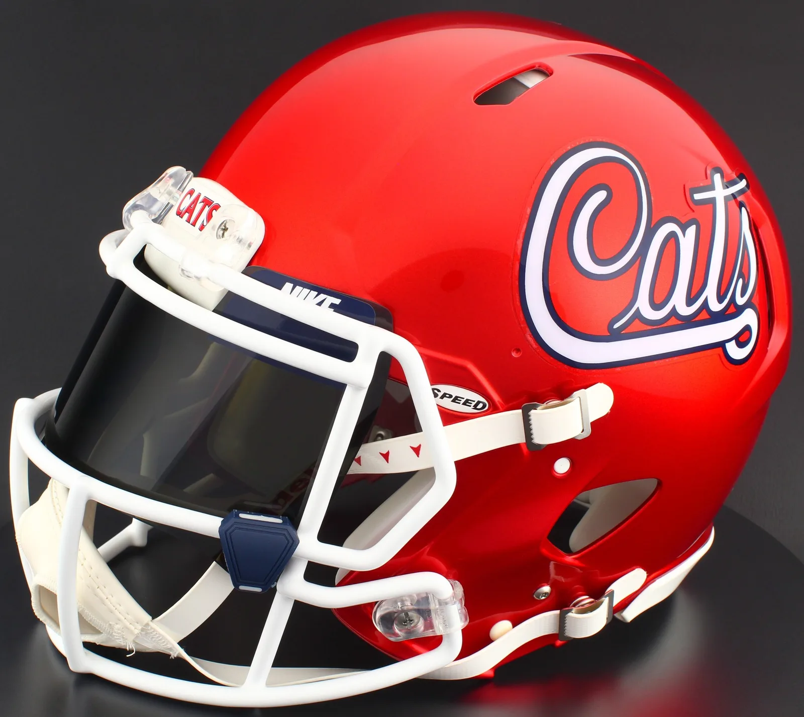 Arizona Wildcats Riddell Authentic Speed Football Helmet – Script, White Factory Mask, Nike Black Visor, Navy Blue Brow Tabs, and Navy Blue Clips