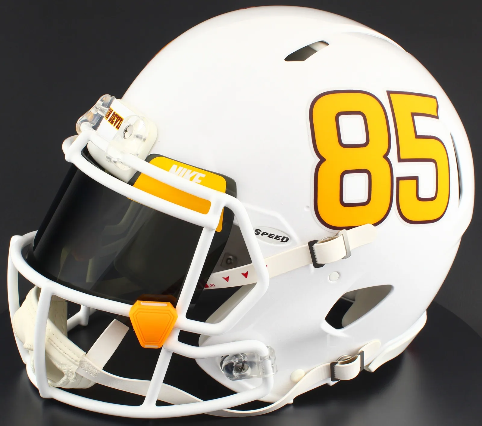 Arizona State Sun Devils Riddell Authentic Speed Football Helmet – White Metallic, White Factory Mask, Nike Black Visor, Yellow Brow Tabs, and Yellow Clips