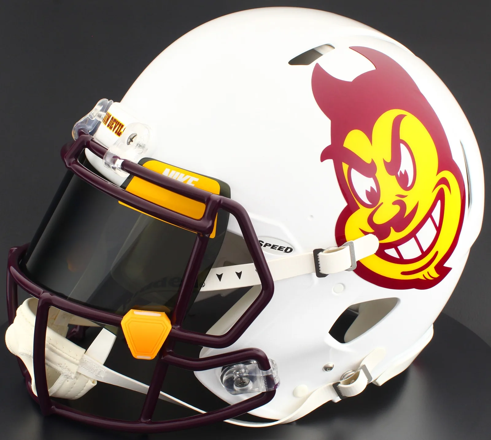 Arizona State Sun Devils Riddell Replica Speed Football Helmet – Sparky 2023, Maroon Factory Mask, Nike Black Visor, Yellow Brow Tabs, and Yellow Clips