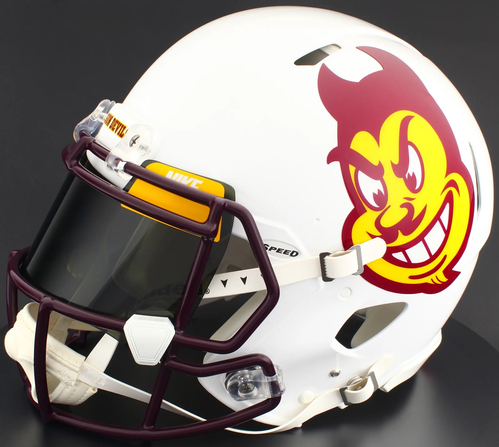 Arizona State Sun Devils Riddell Authentic Speed Football Helmet – Sparky 2023, Maroon Factory Mask, Nike Black Visor, Yellow Brow Tabs, and White Clips