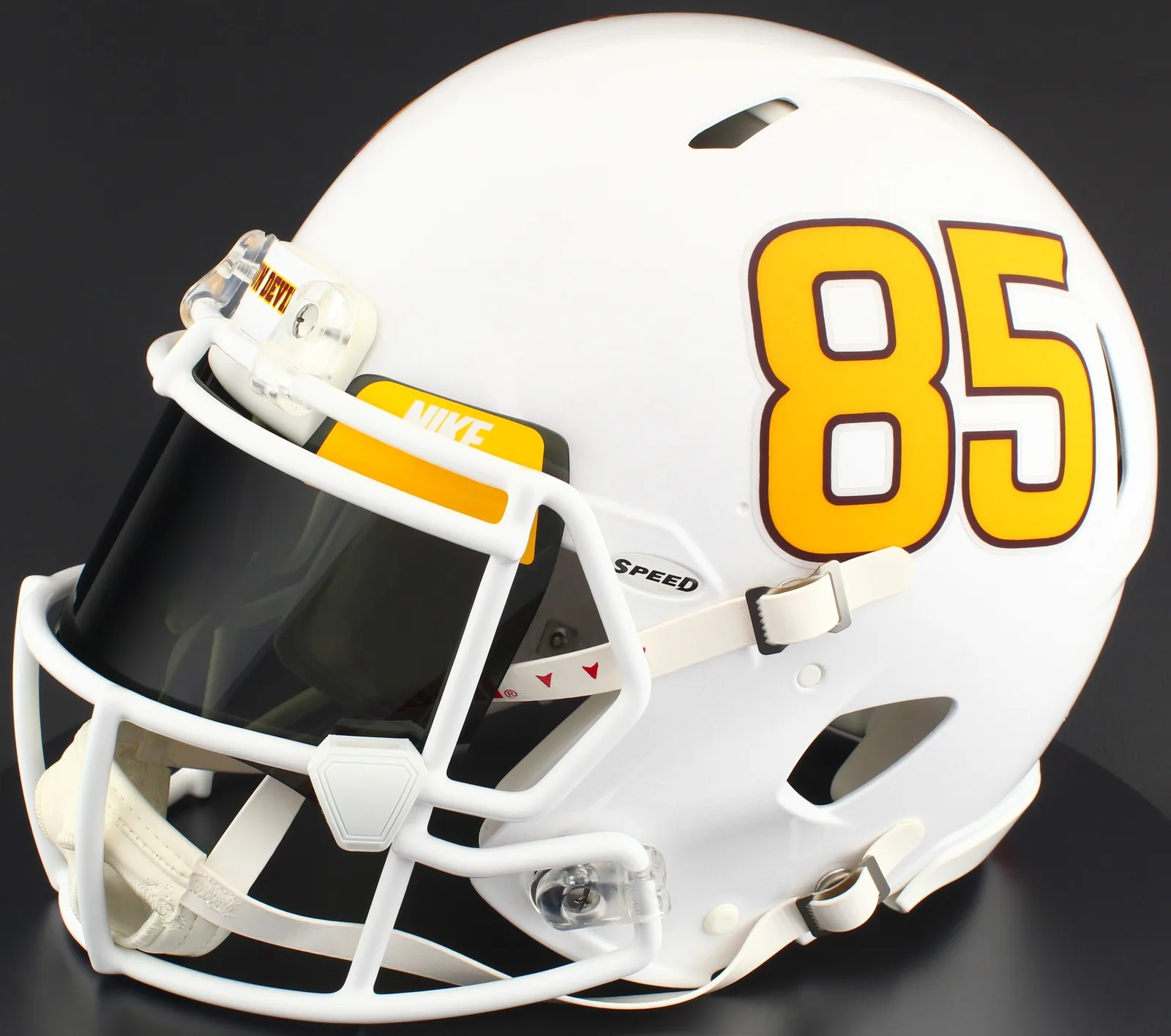 Arizona State Sun Devils Riddell Authentic Speed Football Helmet – White Metallic, White Factory Mask, Nike Black Visor, Yellow Brow Tabs, and White Clips