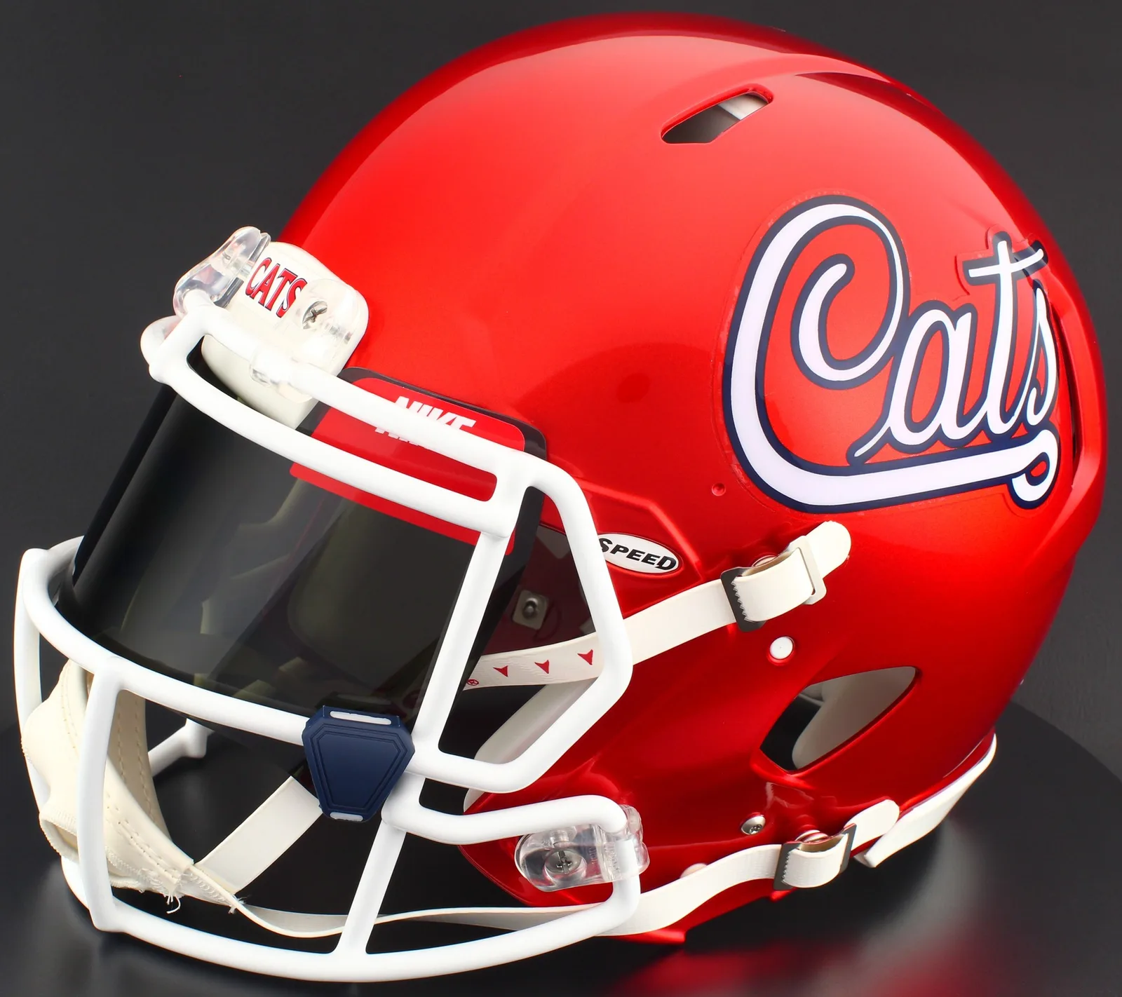 Arizona Wildcats Riddell Replica Speed Football Helmet – Script, White Factory Mask, Nike Black Visor, Red Brow Tabs, and Navy Blue Clips