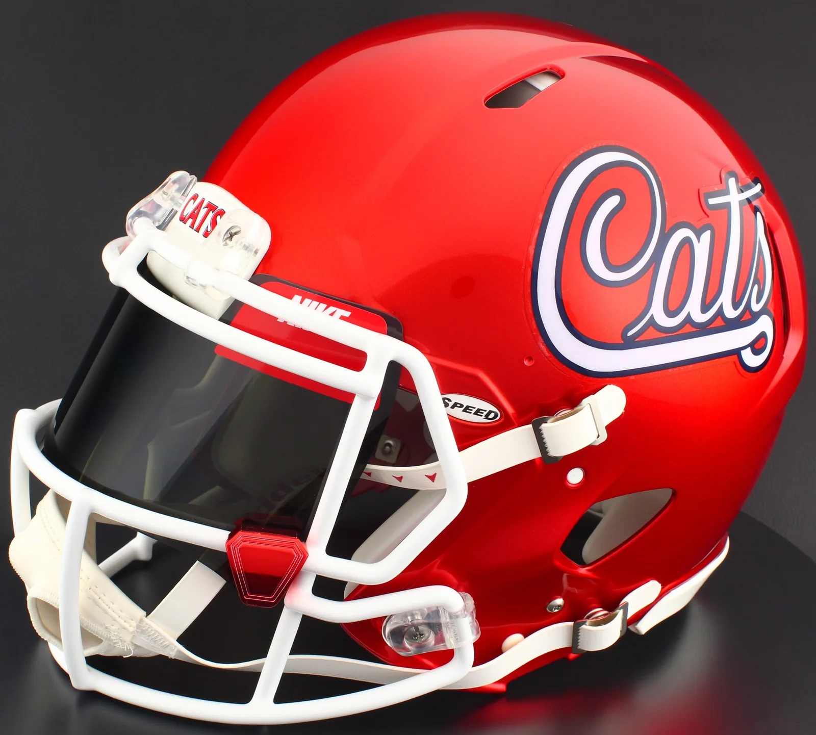 Arizona Wildcats Riddell Authentic Speed Football Helmet – Script, White Factory Mask, Nike Black Visor, Red Brow Tabs, and Red Chrome Clips