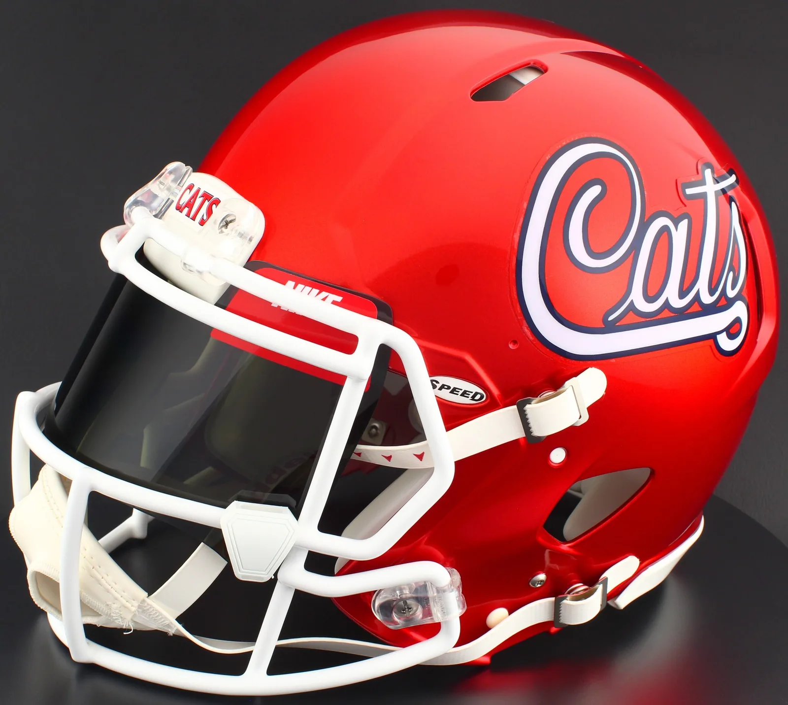 Arizona Wildcats Riddell Authentic Speed Football Helmet – Script, White Factory Mask, Nike Black Visor, Red Brow Tabs, and White Clips
