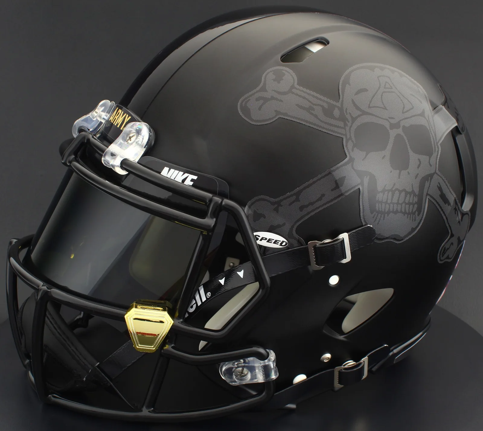 Army Black Knights Riddell Authentic Speed Football Helmet – Skull and Crossbones, Black Factory Mask, Nike Black Visor, Black Brow Tabs, and Gold Chrome Clips