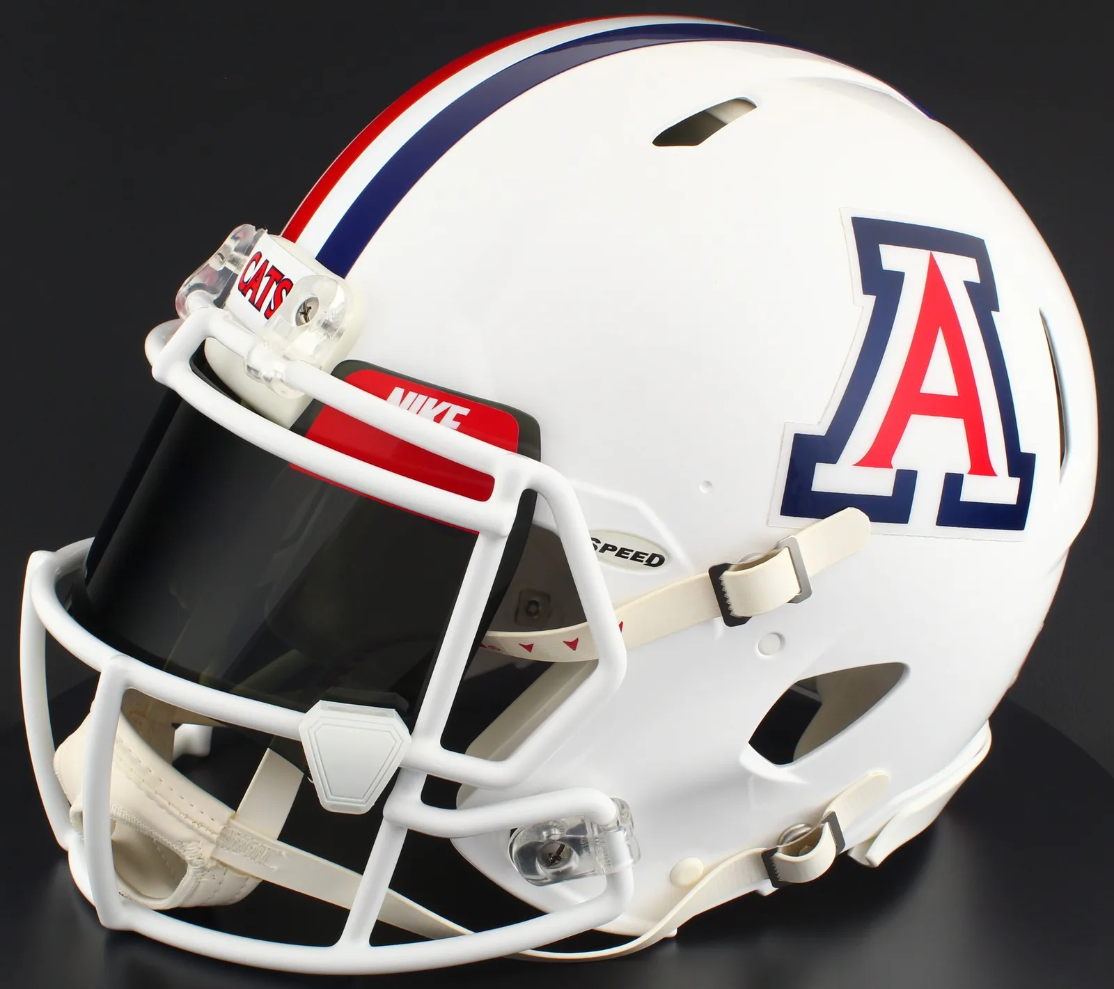 Arizona Wildcats Riddell Replica Speed Football Helmet – Gloss White, White Mask, Nike Black Visor, Red Brow Tabs, and White Clips