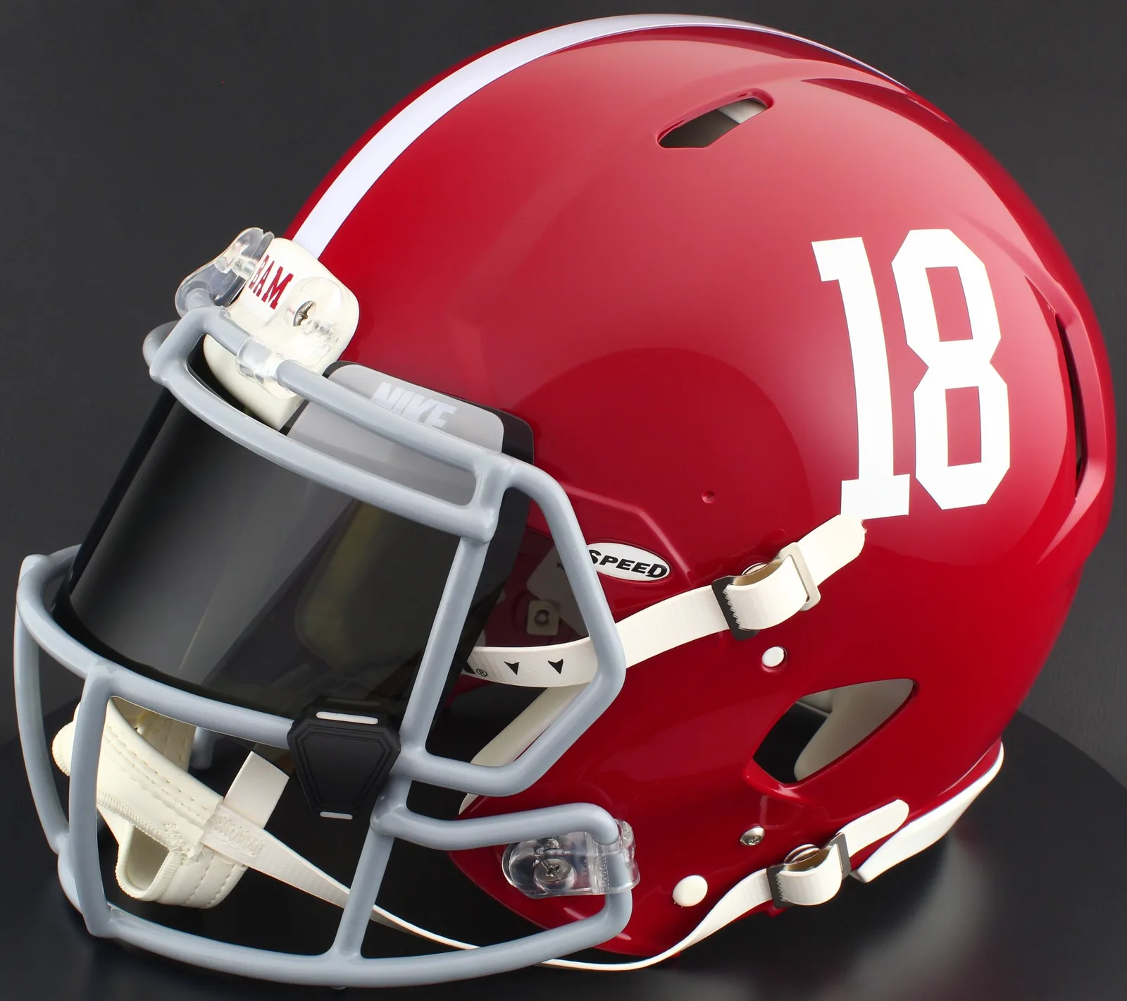 Alabama Crimson Tide Riddell Replica Speed Football Helmet – #18, Light Gray Factory Mask, Nike Black Visor, Silver Brow Tabs, and Black Clips