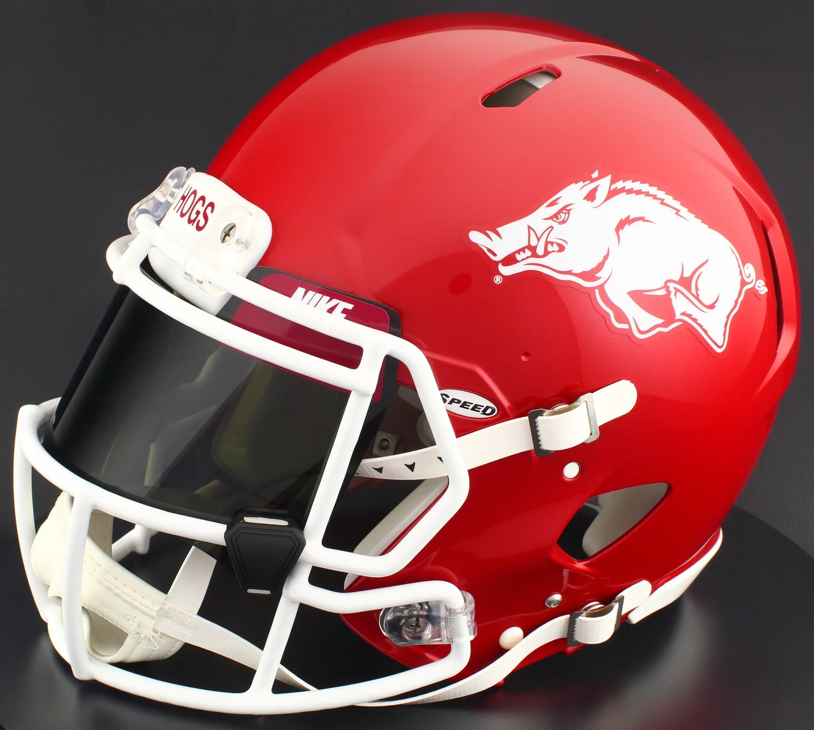 Arkansas Razorbacks Riddell Replica Speed Football Helmet – Red Razorback, White Factory Mask, Nike Black Visor, Cardinal Brow Tabs, and Black Clips