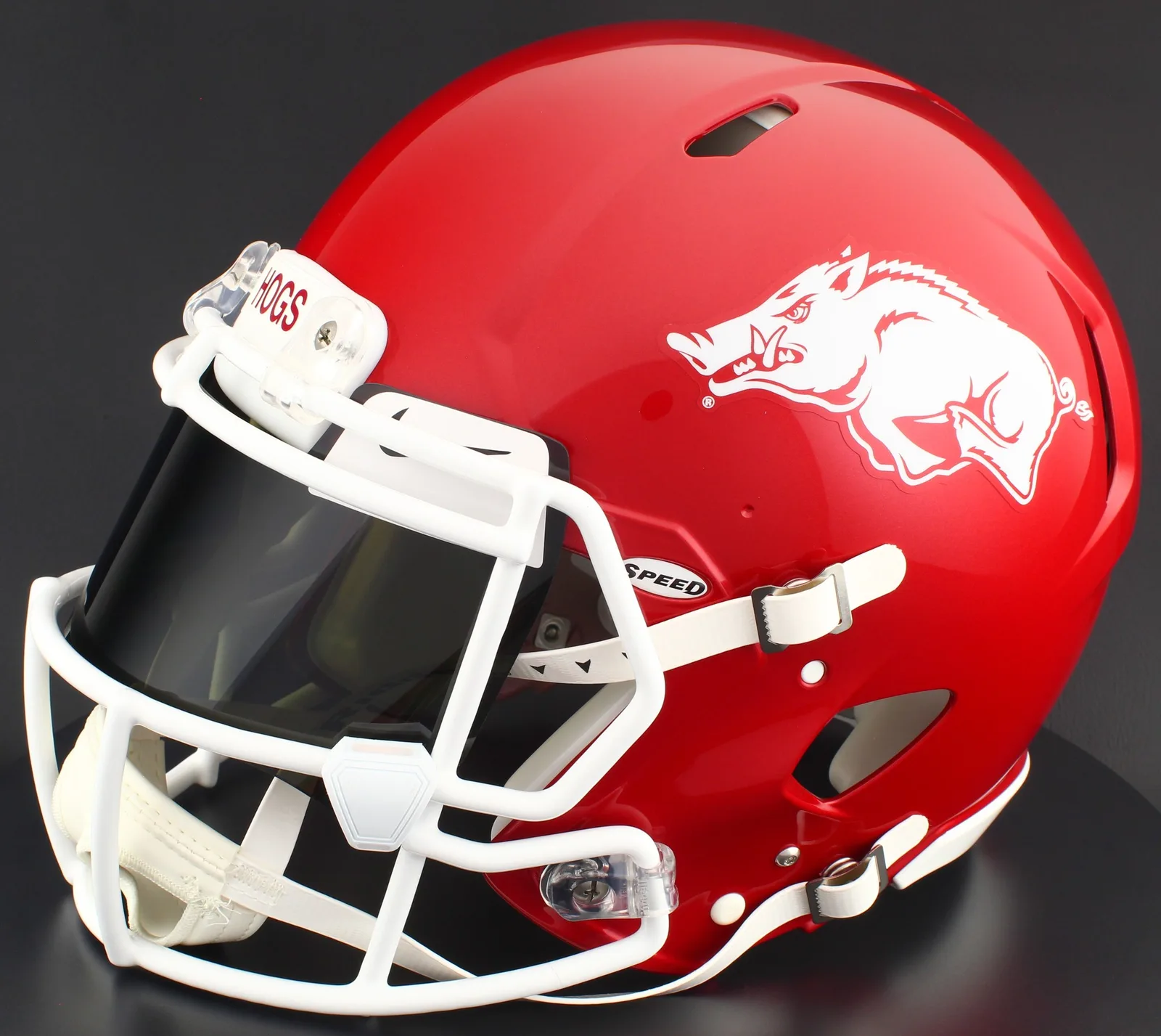 Arkansas Razorbacks Riddell Authentic Speed Football Helmet – Red Razorback, White Factory Mask, Nike Black Visor, White Brow Tabs, and White Clips