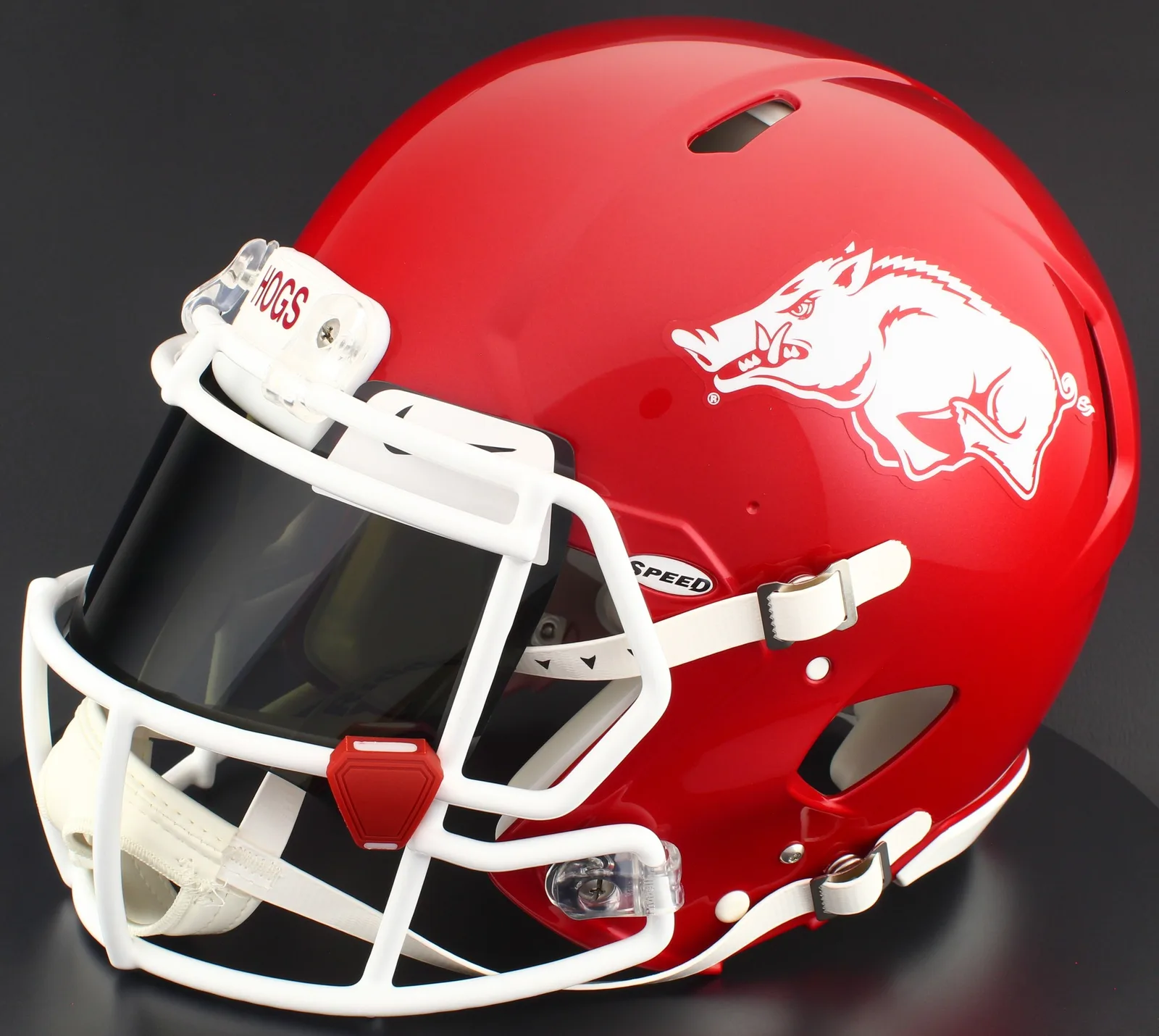 Arkansas Razorbacks Riddell Authentic Speed Football Helmet – Red Razorback, White Factory Mask, Nike Black Visor, White Brow Tabs, and Red Clips