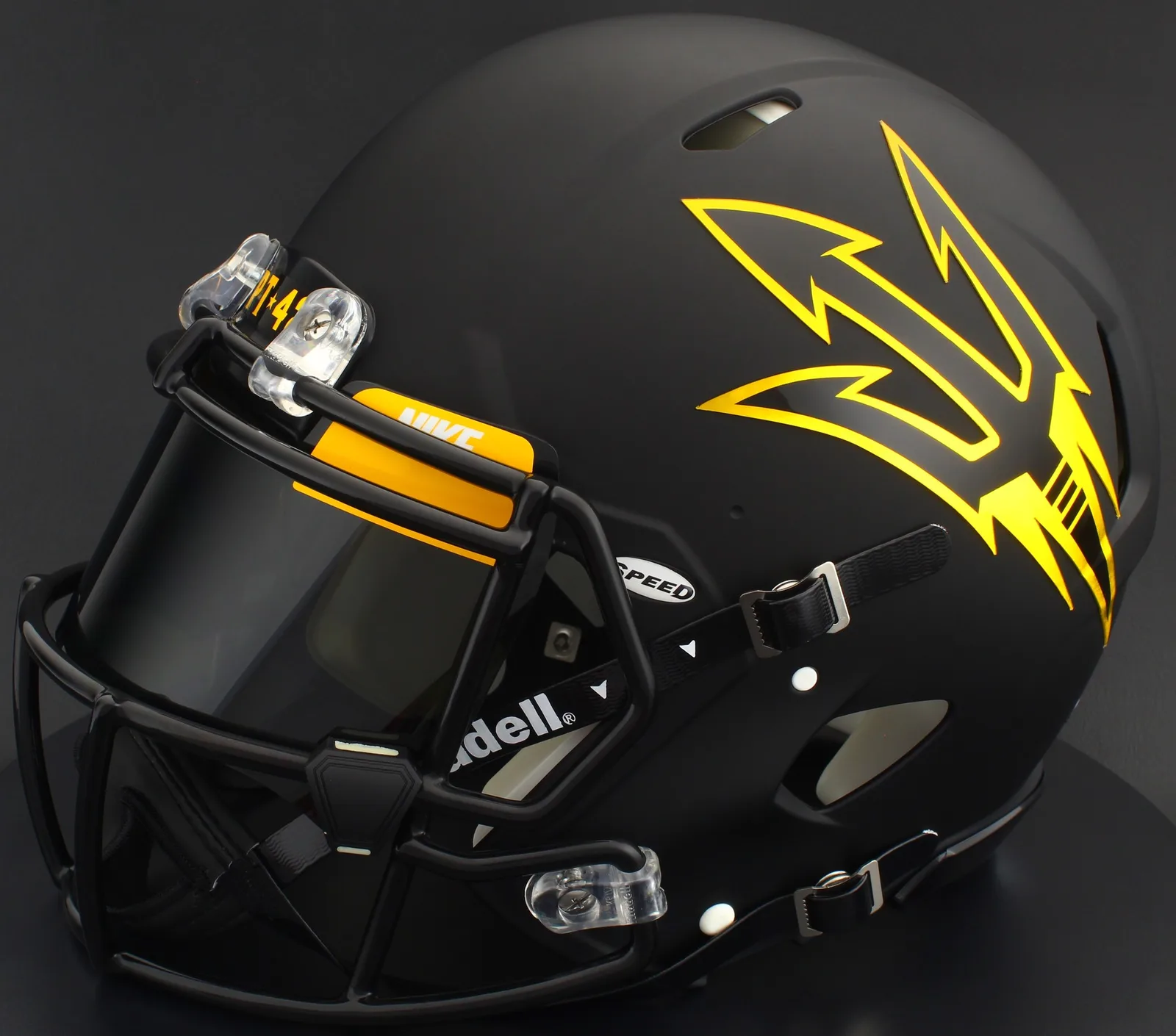 Arizona State Sun Devils Riddell Replica Speed Football Helmet – Satin Black, Black Factory Mask, Nike Black Visor, Yellow Brow Tabs, and Black Clips