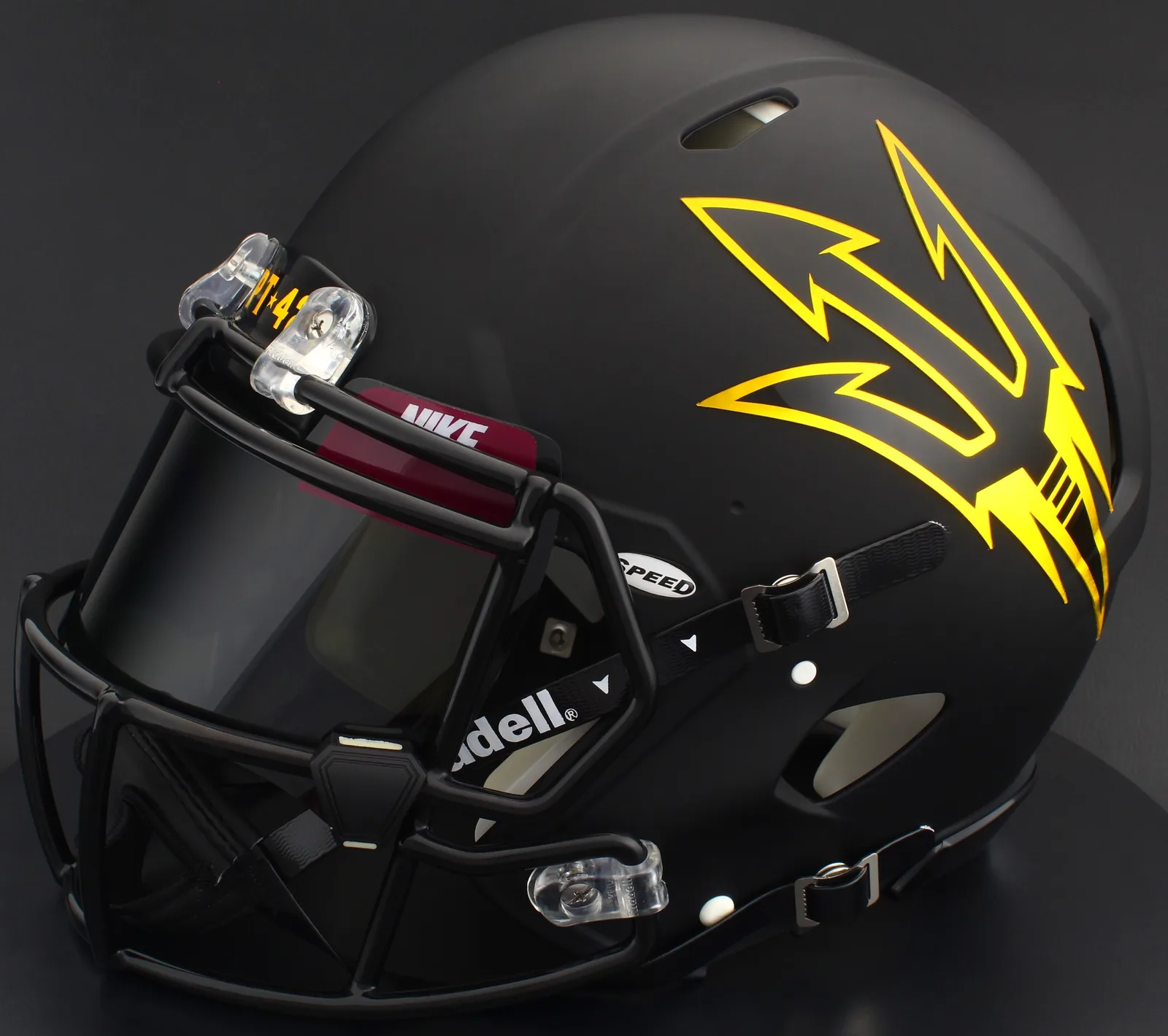 Arizona State Sun Devils Riddell Replica Speed Football Helmet – Satin Black, Black Factory Mask, Nike Black Visor, Maroon Brow Tabs, and Black Clips