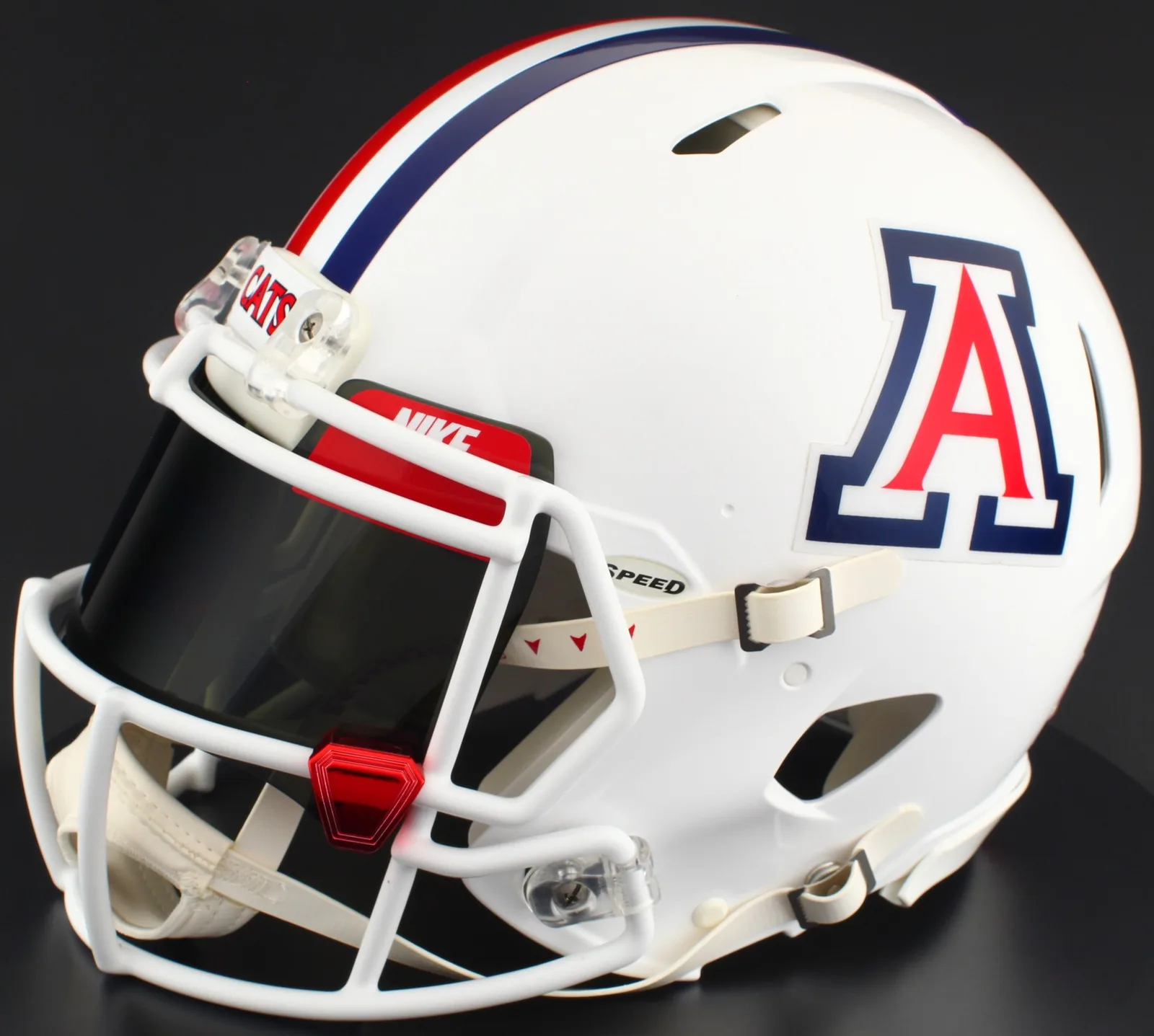 Arizona Wildcats Riddell Replica Speed Football Helmet – Gloss White, White Mask, Nike Black Visor, Red Brow Tabs, and Red Chrome Clips