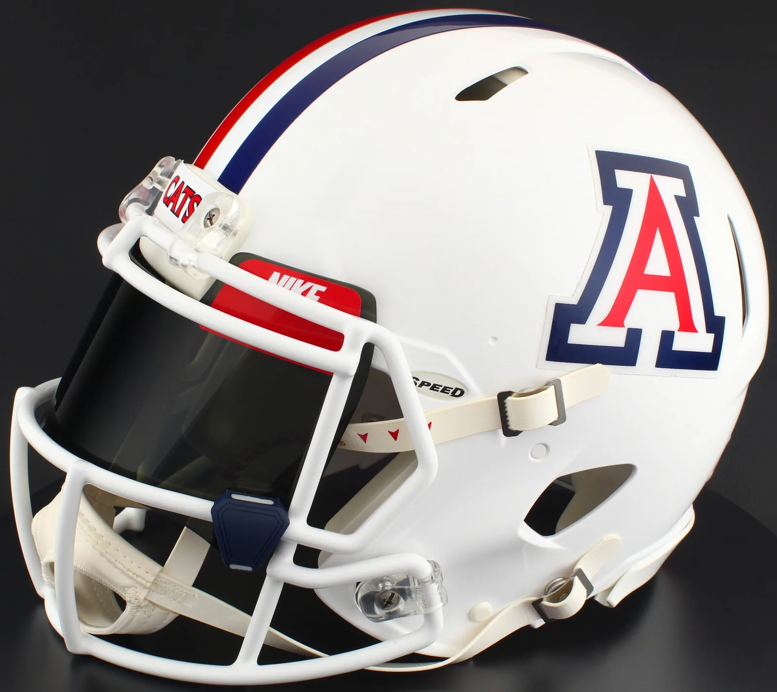 Arizona Wildcats Riddell Replica Speed Football Helmet – Gloss White, White Mask, Nike Black Visor, Red Brow Tabs, and Navy Blue Clips
