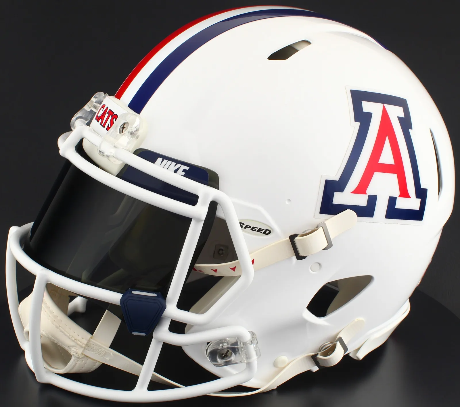 Arizona Wildcats Riddell Authentic Speed Football Helmet – Gloss White, White Mask, Nike Black Visor, Navy Blue Brow Tabs, and Navy Blue Clips