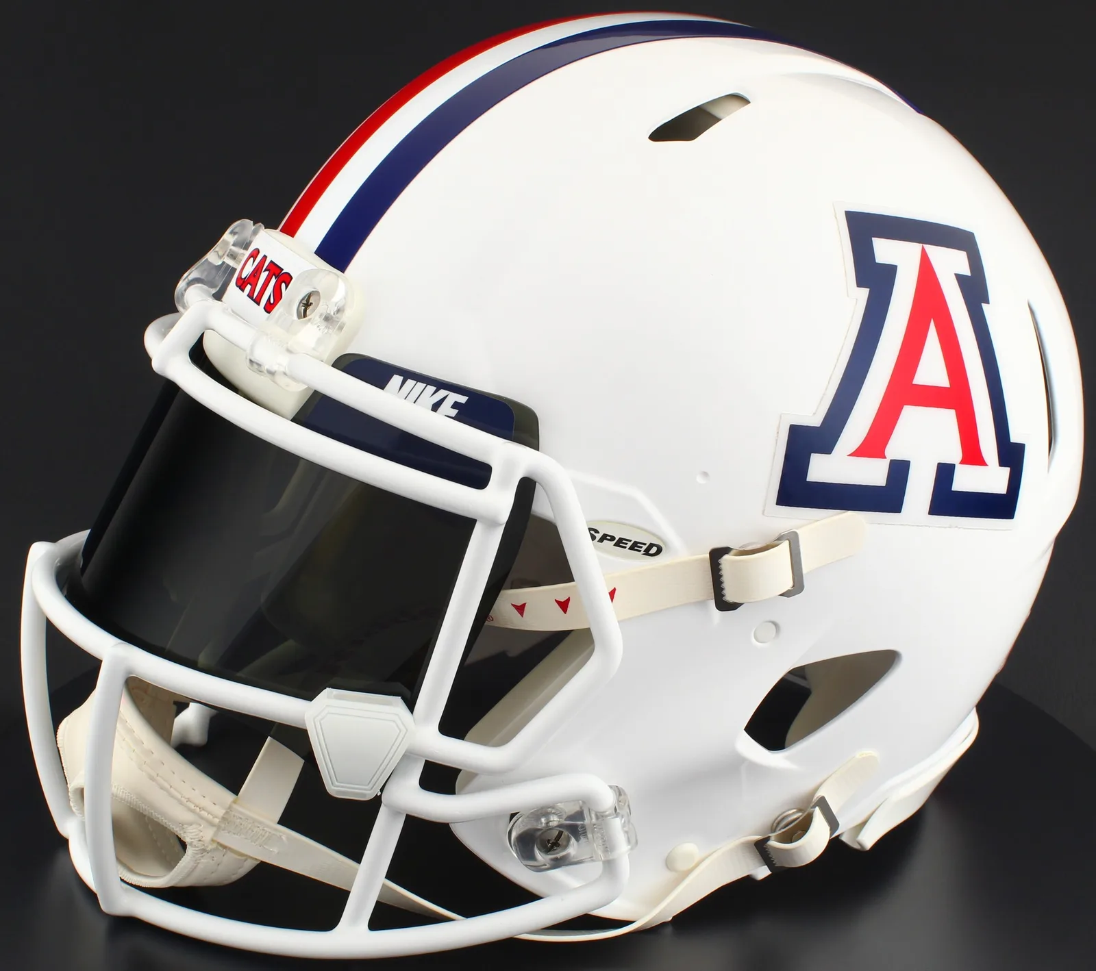 Arizona Wildcats Riddell Replica Speed Football Helmet – Gloss White, White Mask, Nike Black Visor, Navy Blue Brow Tabs, and White Clips