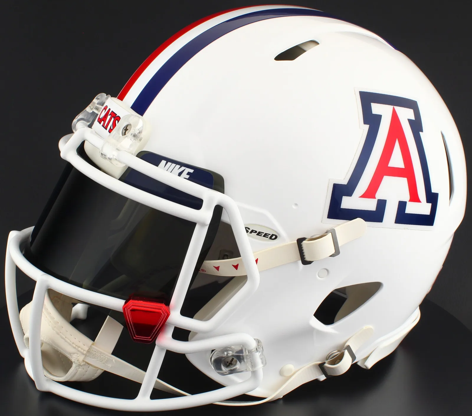 Arizona Wildcats Riddell Replica Speed Football Helmet – Gloss White, White Mask, Nike Black Visor, Navy Blue Brow Tabs, and Red Chrome Clips