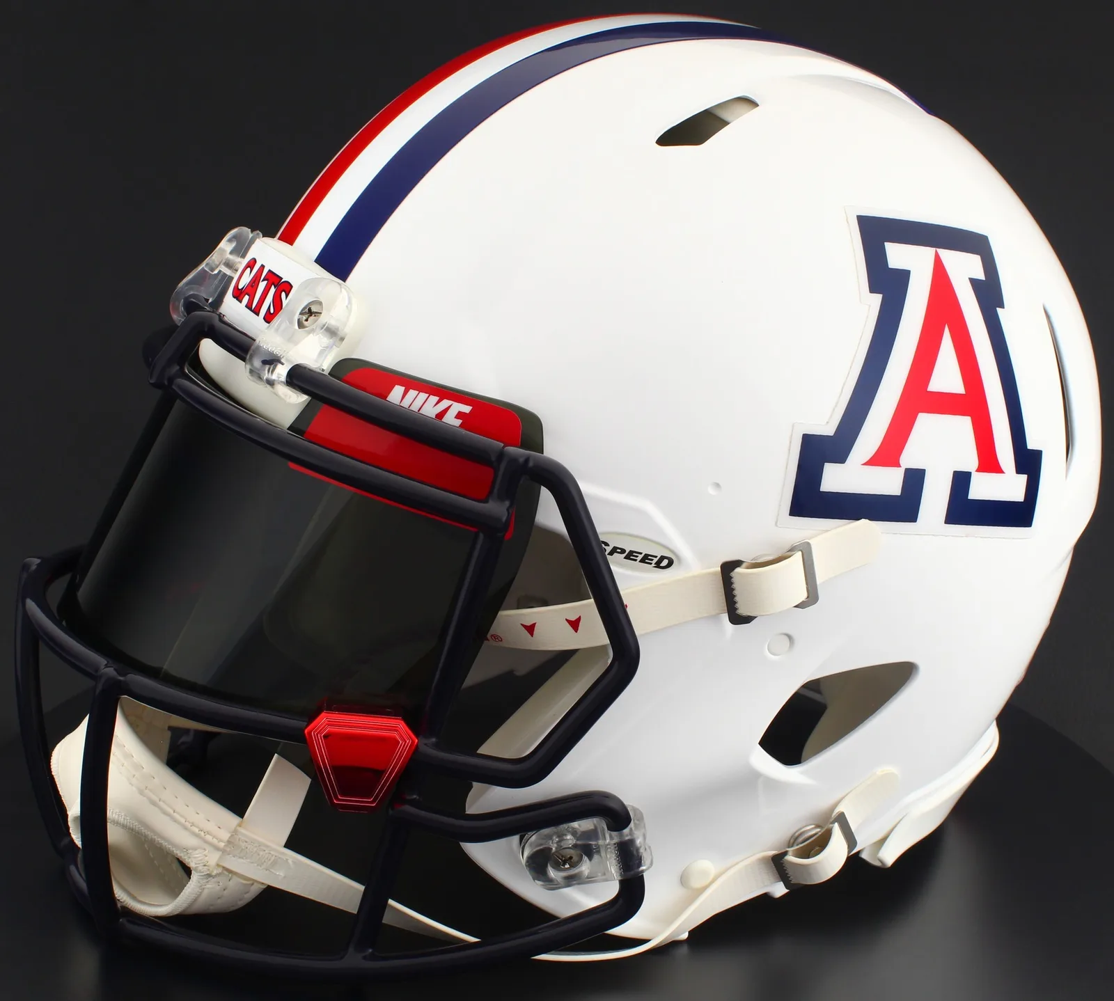 Arizona Wildcats Riddell Replica Speed Football Helmet – Gloss White, Navy Blue Factory Mask, Nike Black Visor, Red Brow Tabs, and Red Chrome Clips