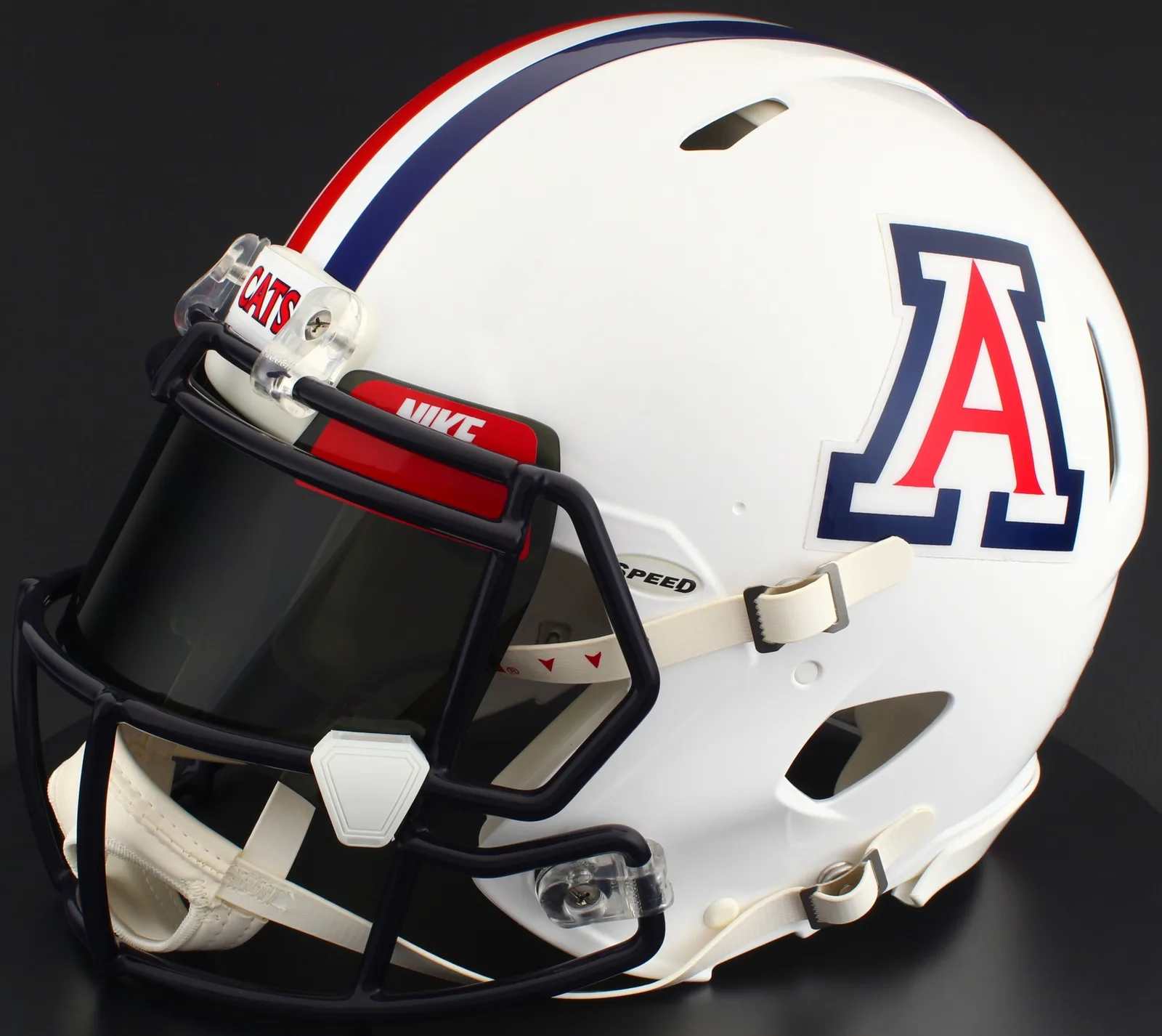 Arizona Wildcats Riddell Authentic Speed Football Helmet – Gloss White, Navy Blue Factory Mask, Nike Black Visor, Red Brow Tabs, and White Clips