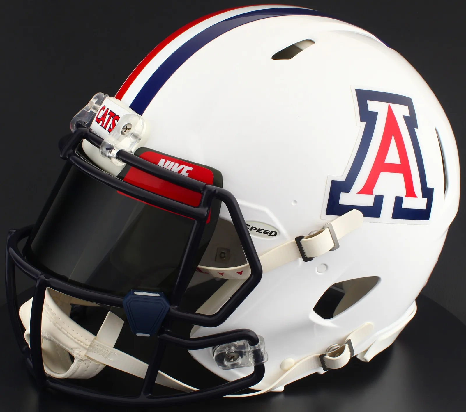 Arizona Wildcats Riddell Replica Speed Football Helmet – Gloss White, Navy Blue Factory Mask, Nike Black Visor, Red Brow Tabs, and Navy Blue Clips