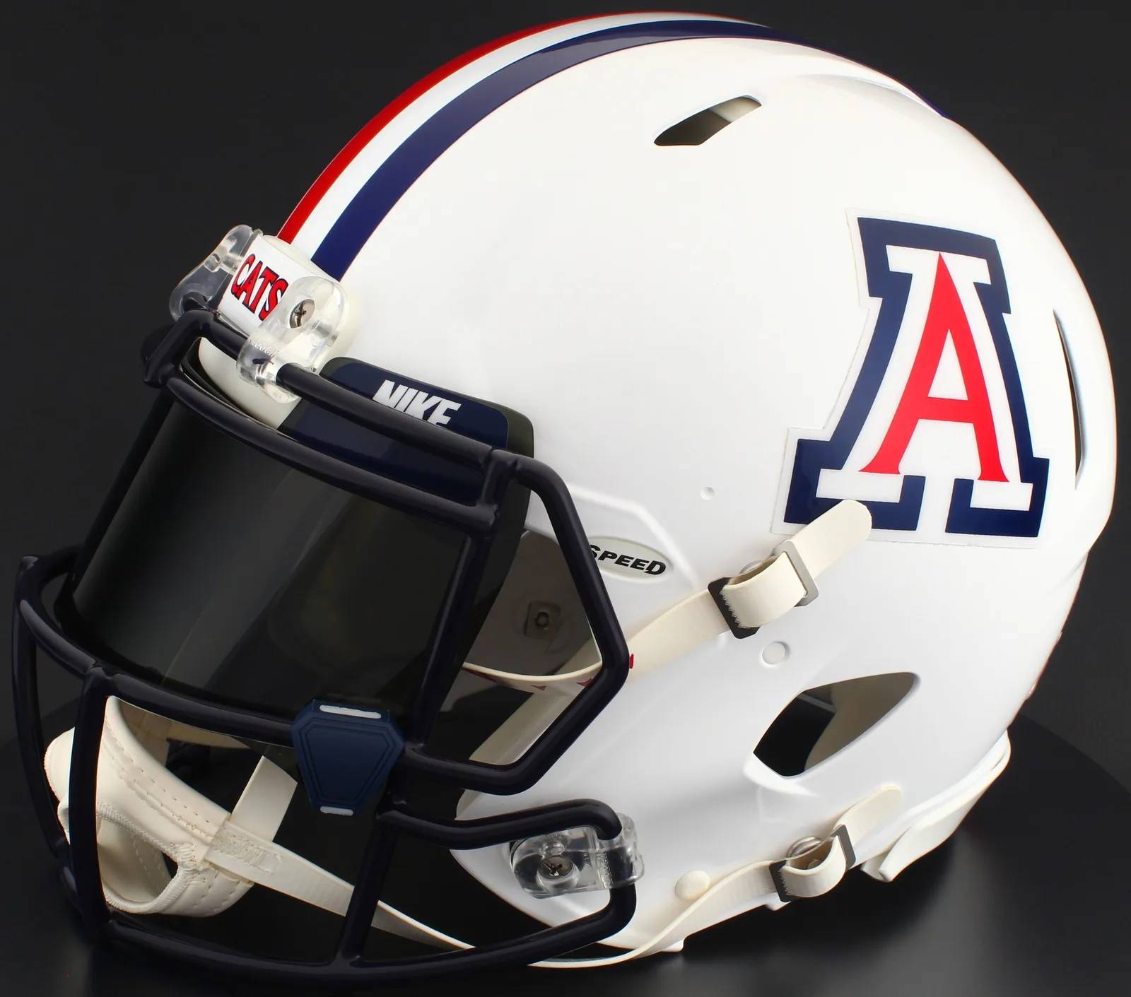 Arizona Wildcats Riddell Replica Speed Football Helmet – Gloss White, Navy Blue Factory Mask, Nike Black Visor, Navy Blue Brow Tabs, and Navy Blue Clips