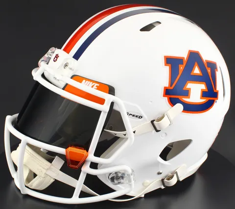 Auburn Tigers Riddell Authentic Speed Football Helmet – White AU, White Mask, Nike Black Visor, Dark Orange Brow Tabs, and Orange Chrome Clips