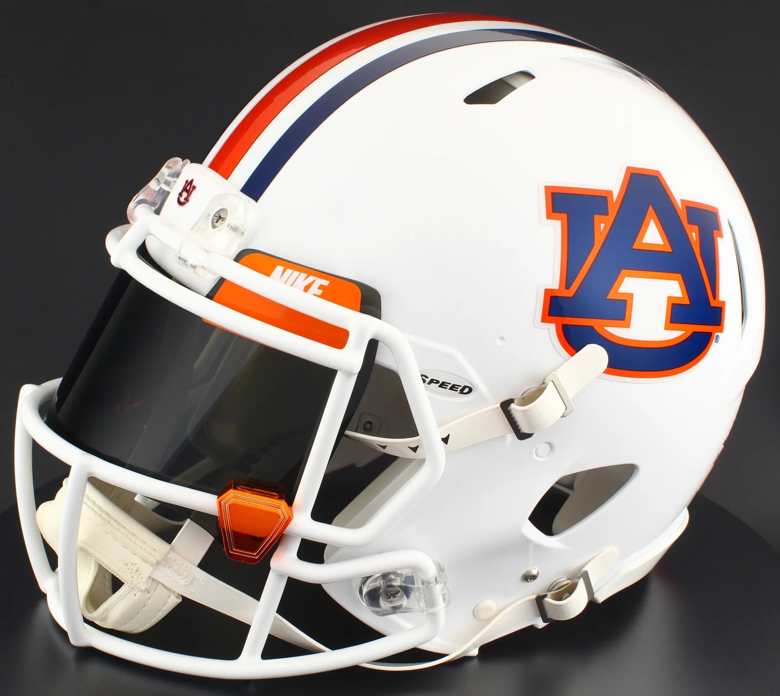 Auburn Tigers Riddell Authentic Speed Football Helmet – White AU, White Mask, Nike Black Visor, Dark Orange Brow Tabs, and Orange Chrome Clips