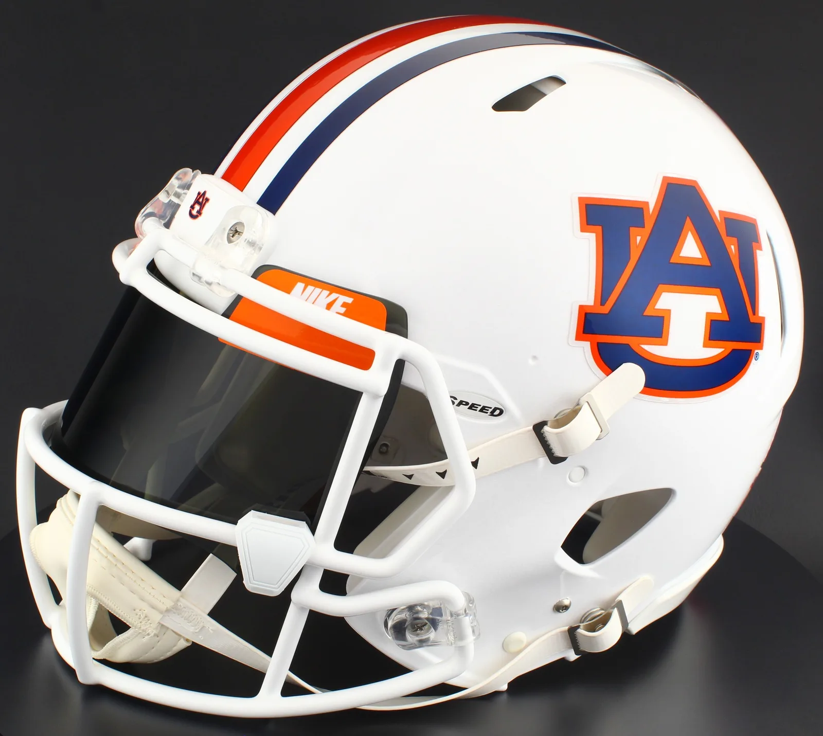 Auburn Tigers Riddell Authentic Speed Football Helmet – White AU, White Mask, Nike Black Visor, Dark Orange Brow Tabs, and White Clips